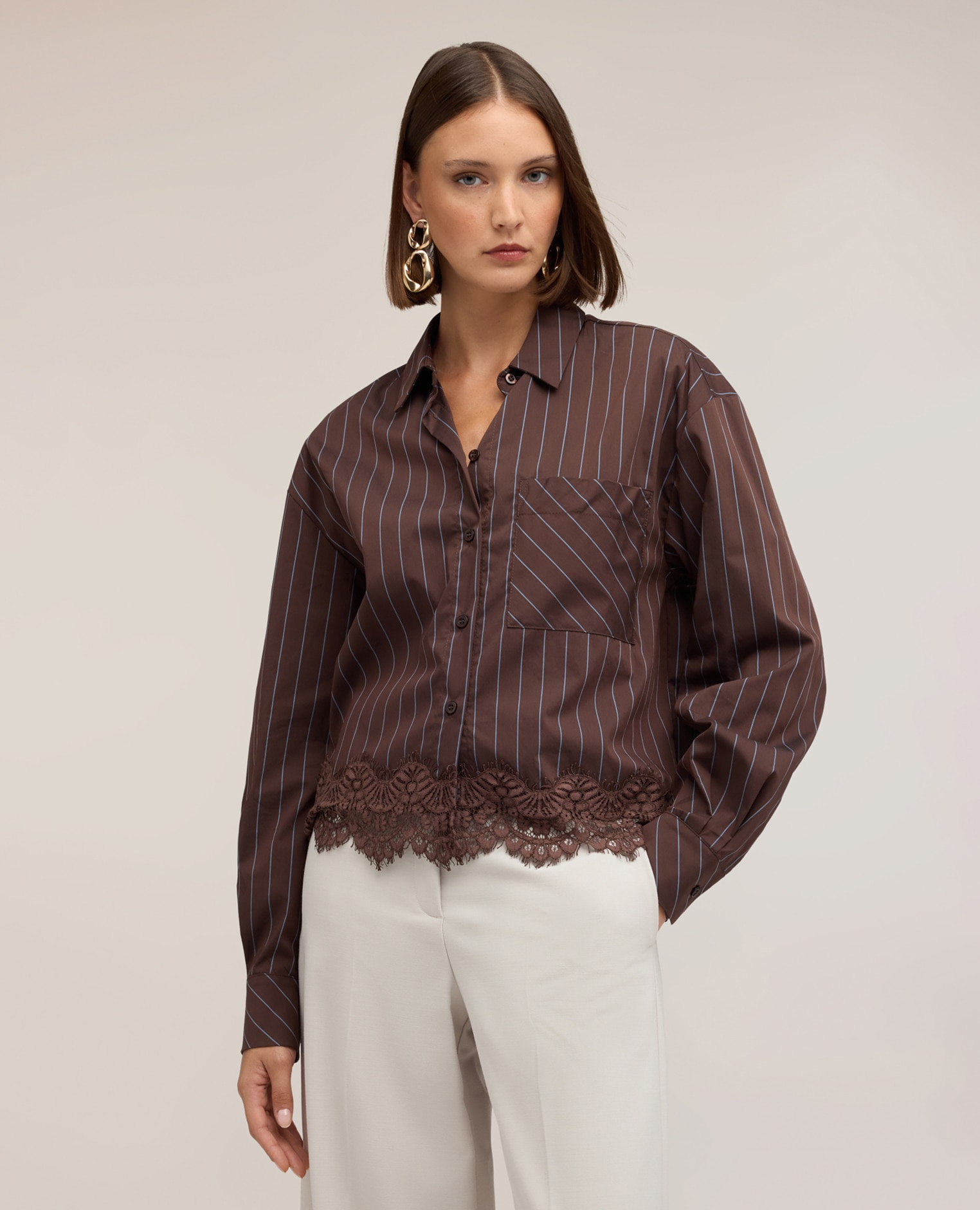 Camisa de mujer de popelín a rayas con encaje ajuste oversize cierre frontal con botones - Motivi - Marrón Marrón-1