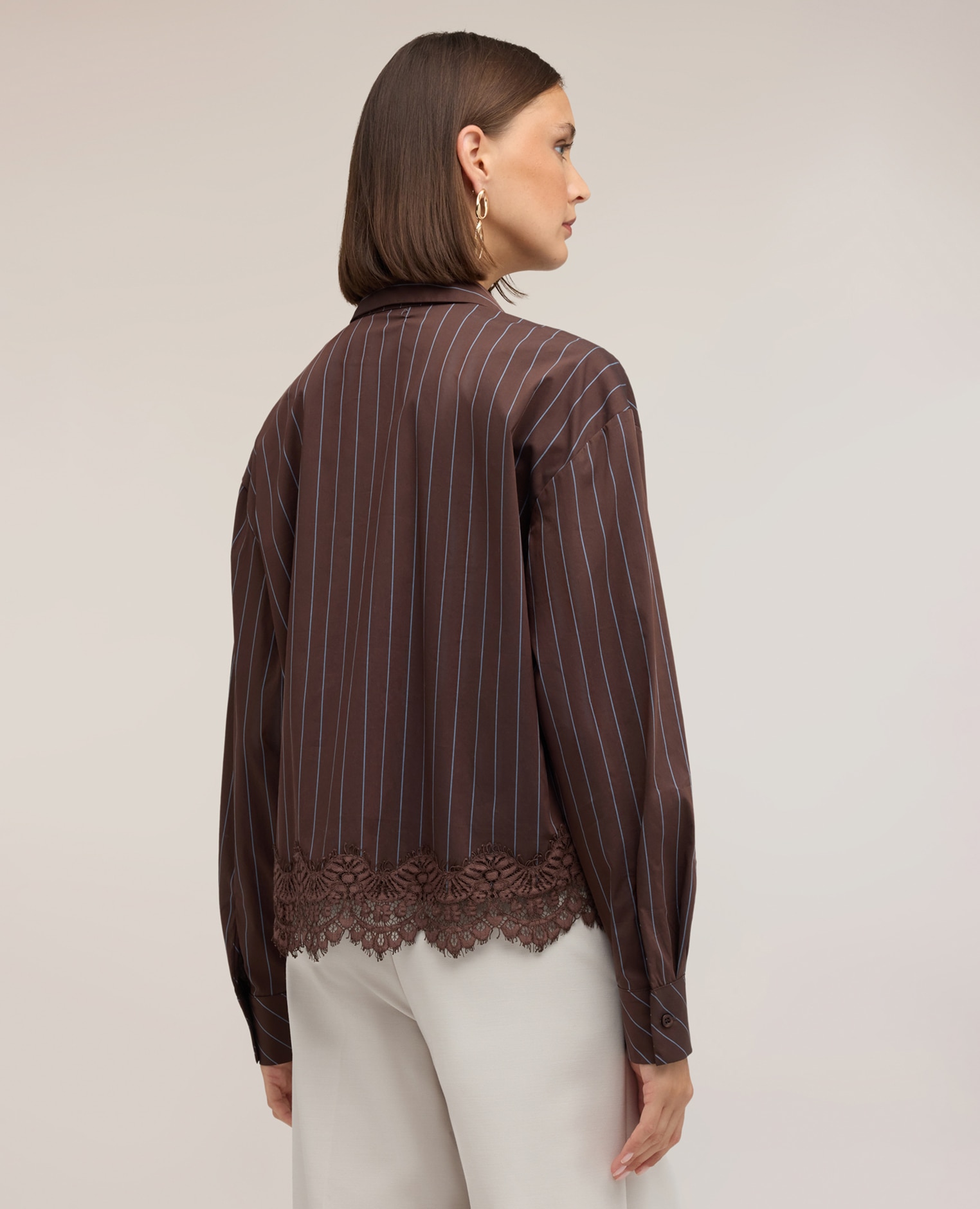 Camisa de mujer de popelín a rayas con encaje ajuste oversize cierre frontal con botones - Motivi - Marrón Marrón-2