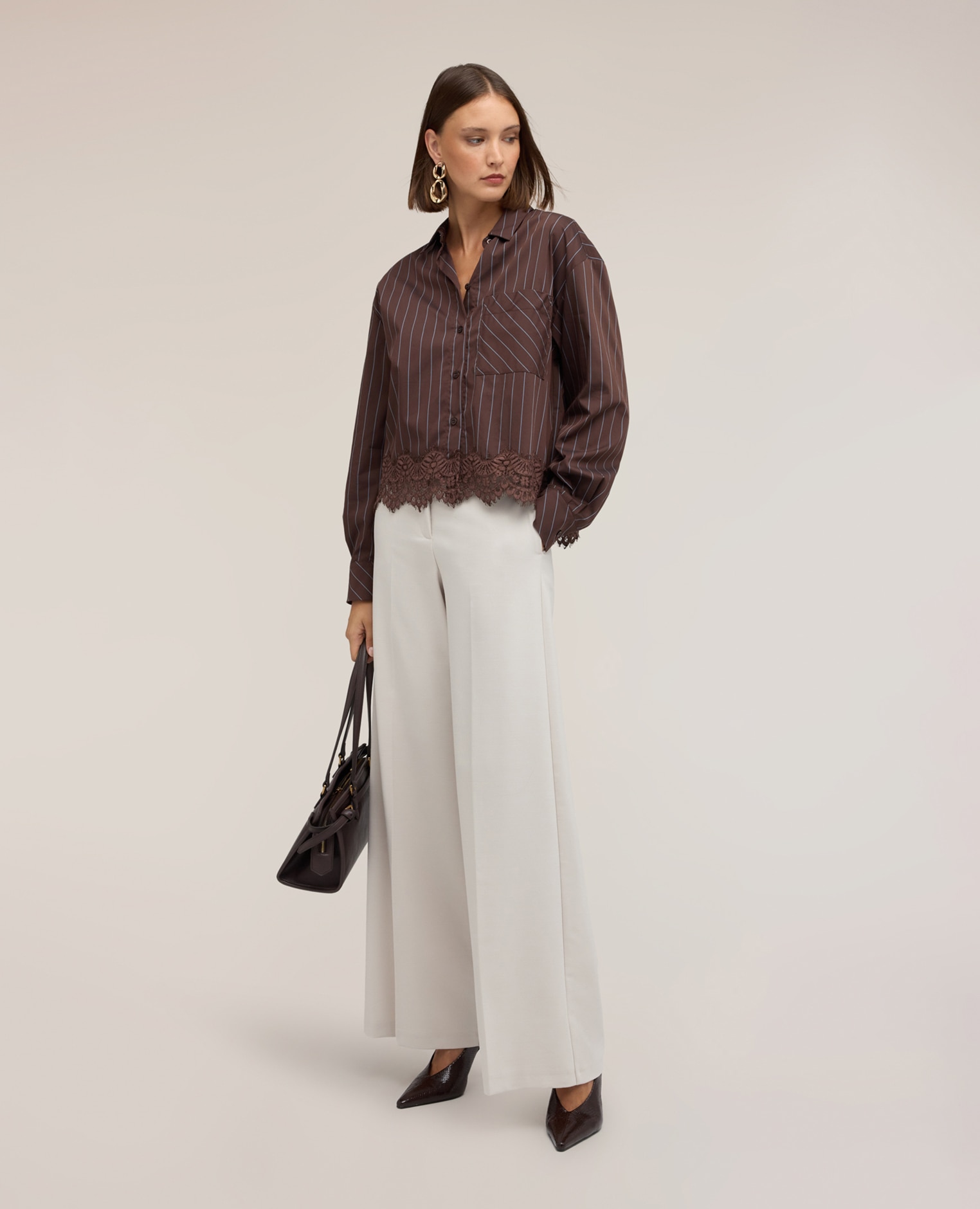 Camisa de mujer de popelín a rayas con encaje ajuste oversize cierre frontal con botones - Motivi - Marrón Marrón-3