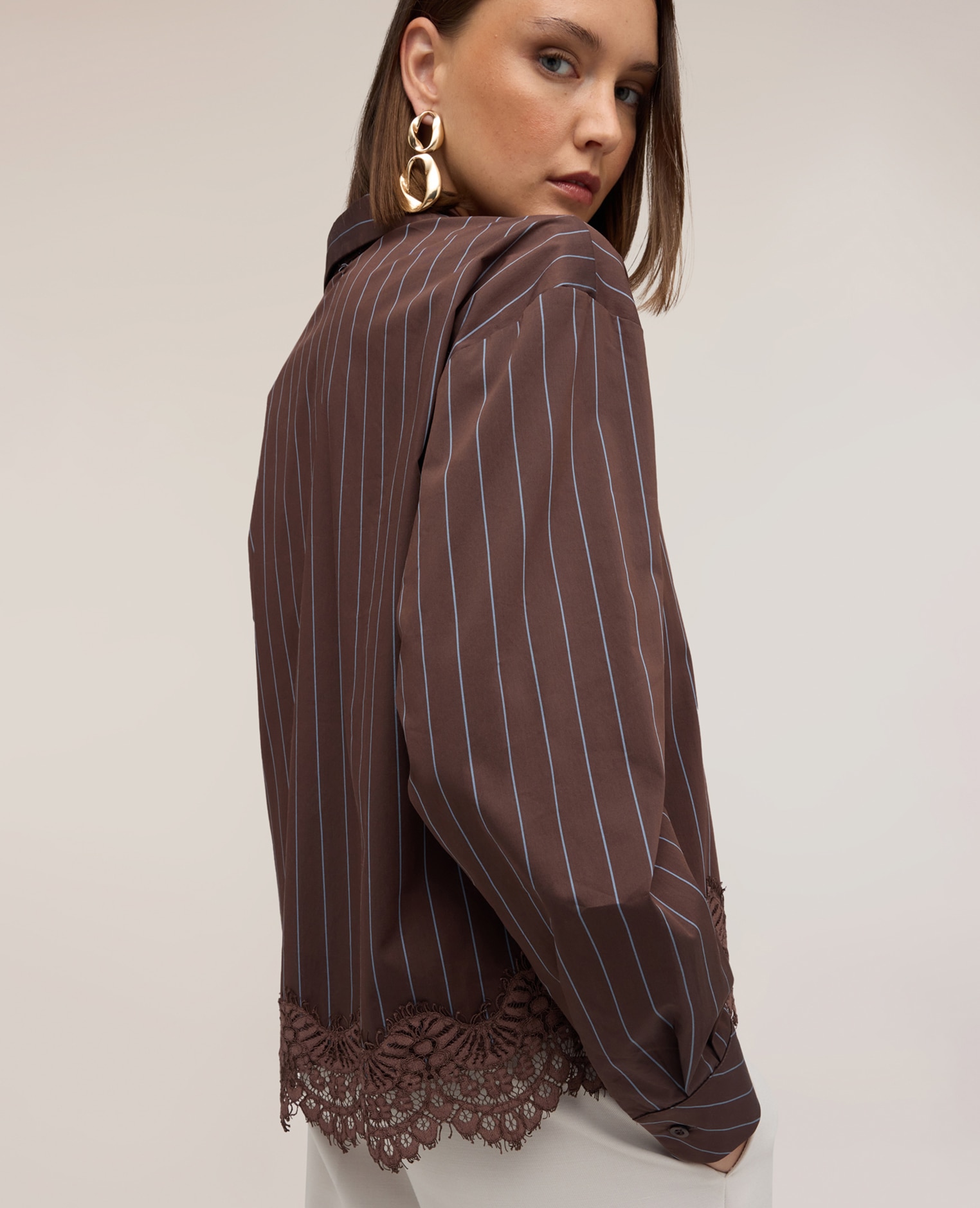 Camisa de mujer de popelín a rayas con encaje ajuste oversize cierre frontal con botones - Motivi - Marrón Marrón-4