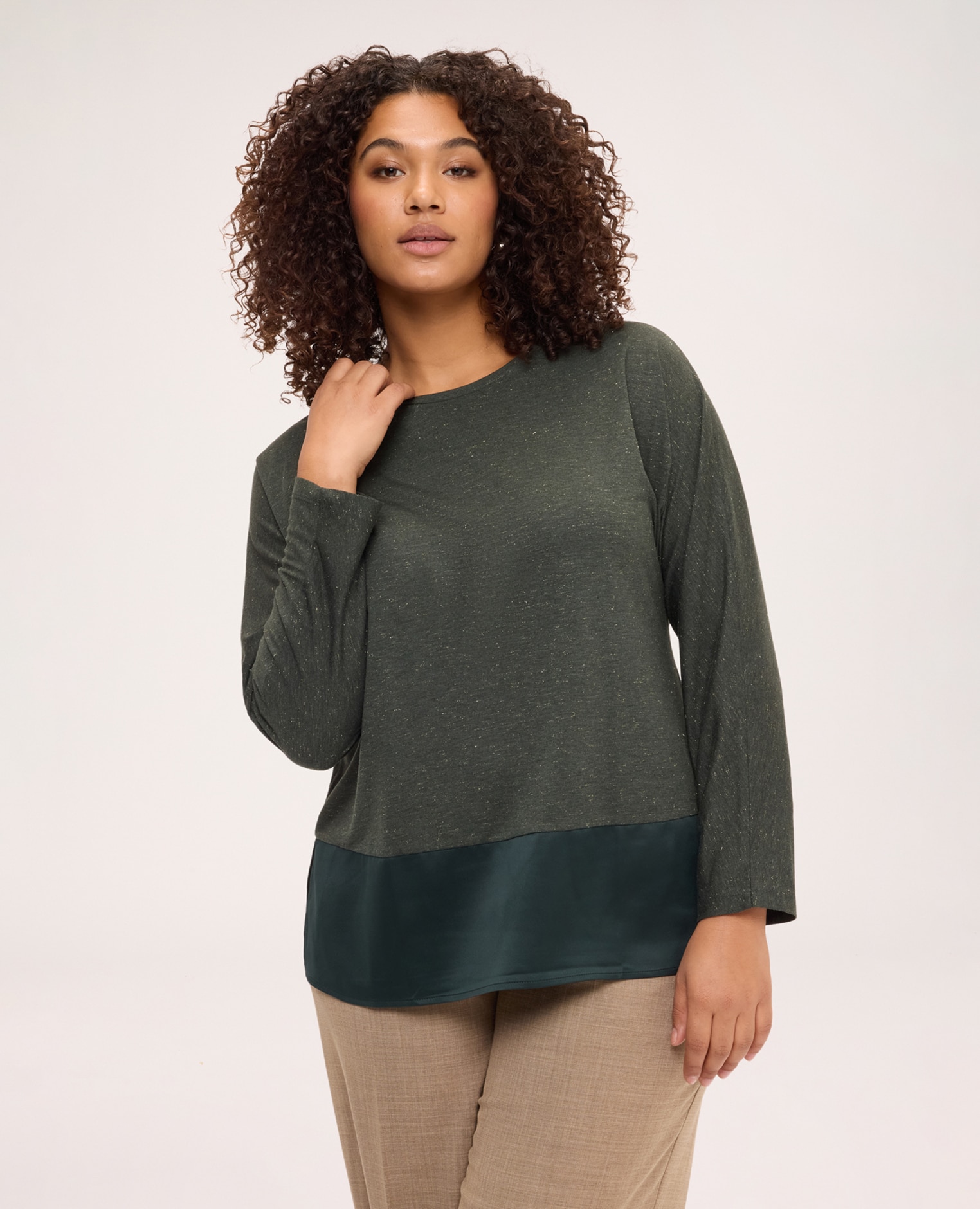 Camiseta de mujer bimaterial en jersey lúrex diseño bimaterial con suela - Fiorella Rubino - Verde militar Verde militar-1