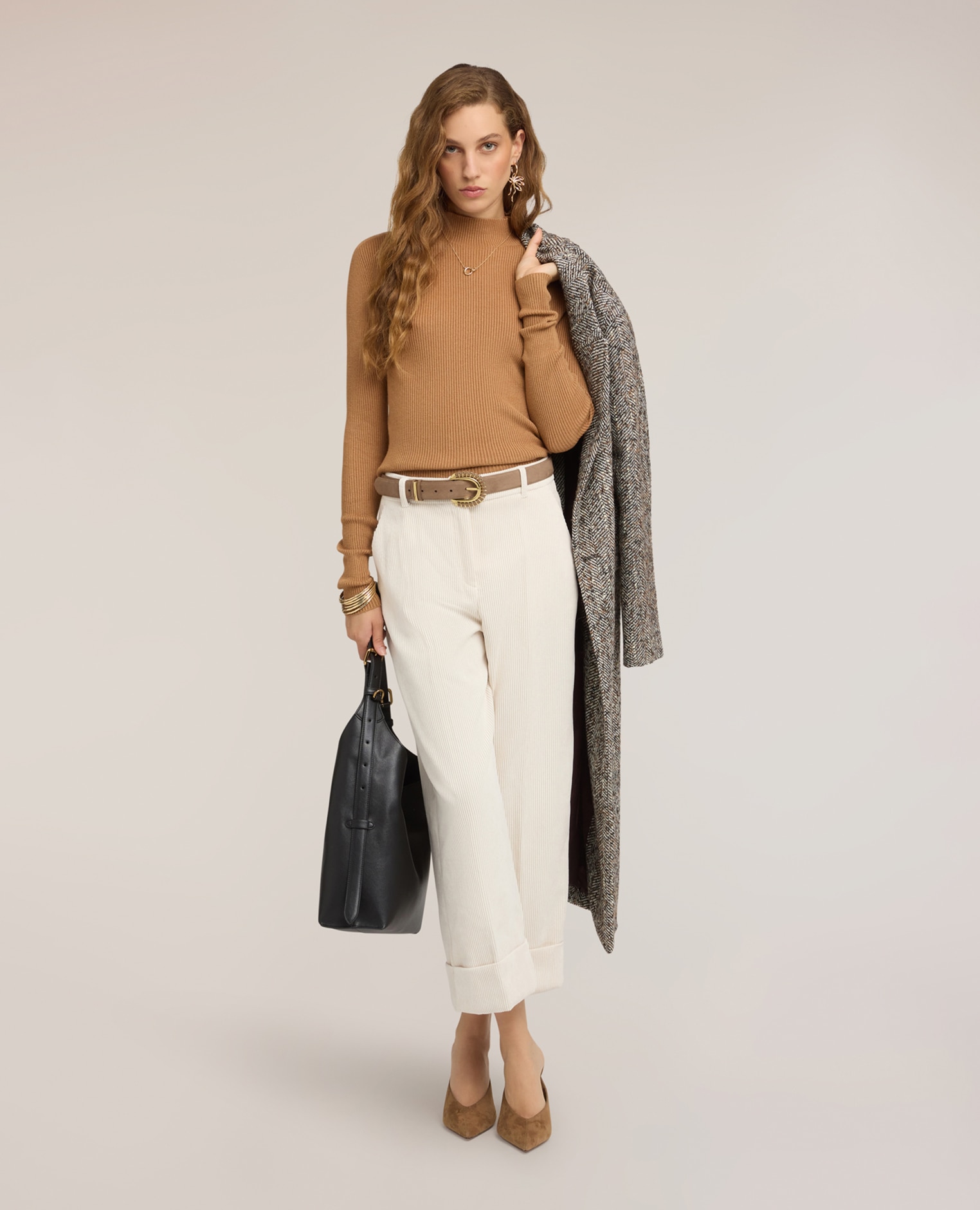 Imagen 3 de Jersey de mujer de cuello alto acanalado en viscosa cuello vuelto mangas largas - Motivi - Beige Beige