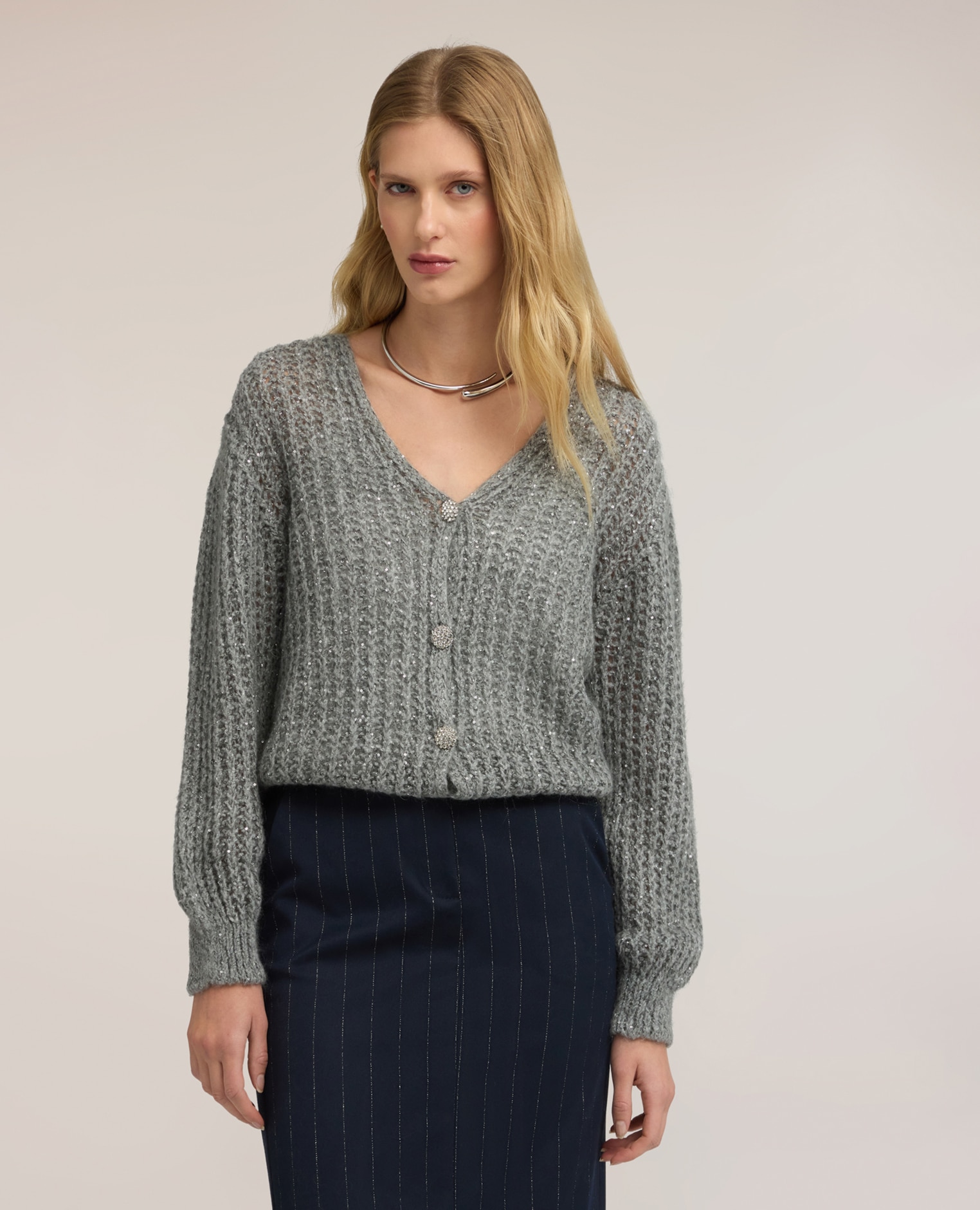 Imagen 1 de Cárdigan de mujer de punto mezcla de mohair con lentejuelas corte boxy largo medio - Motivi - Gris Gris