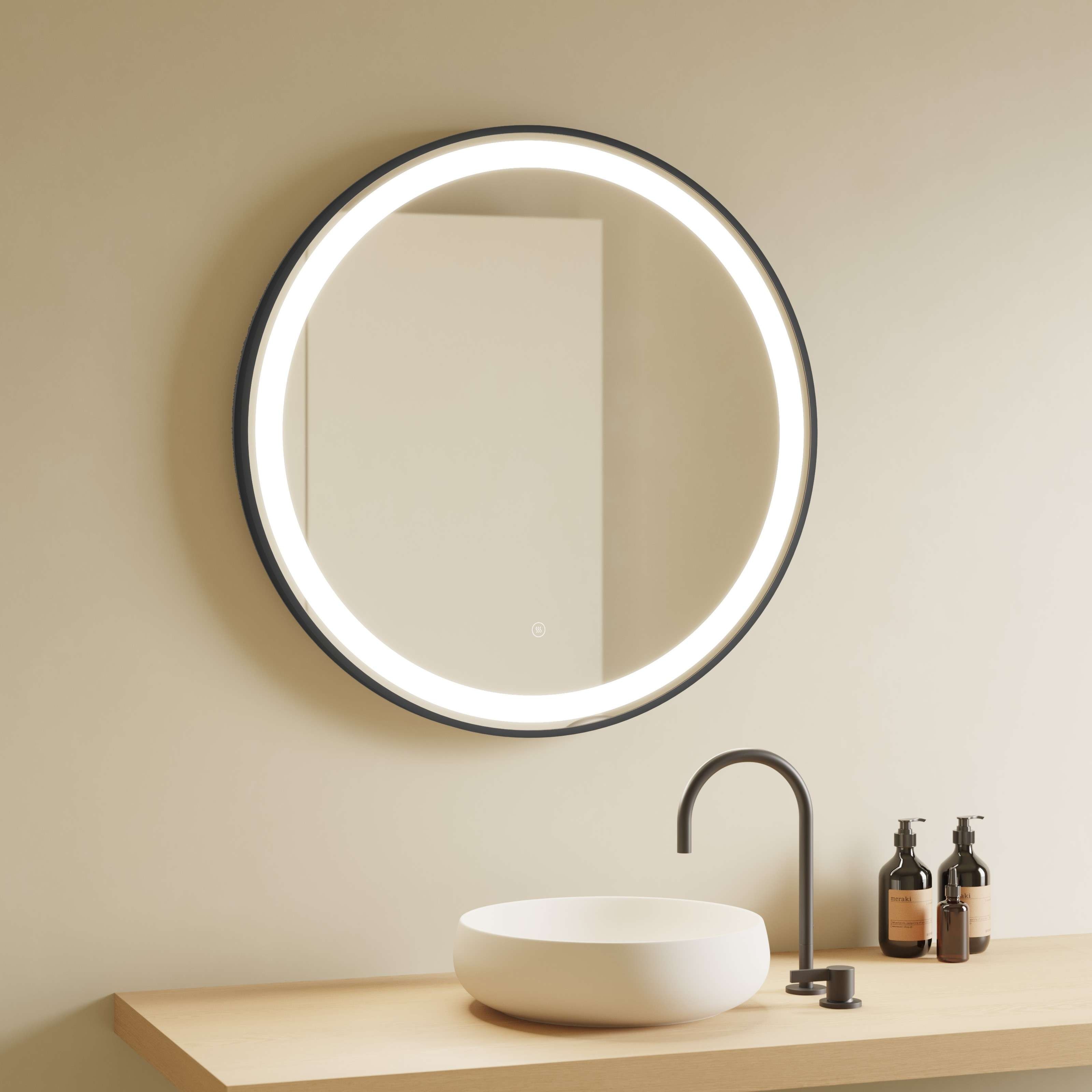 Imagen 2 de Espejo de baño redondo con antivaho y LED Circular Manillons Torrent - Negro 80 cm Negro