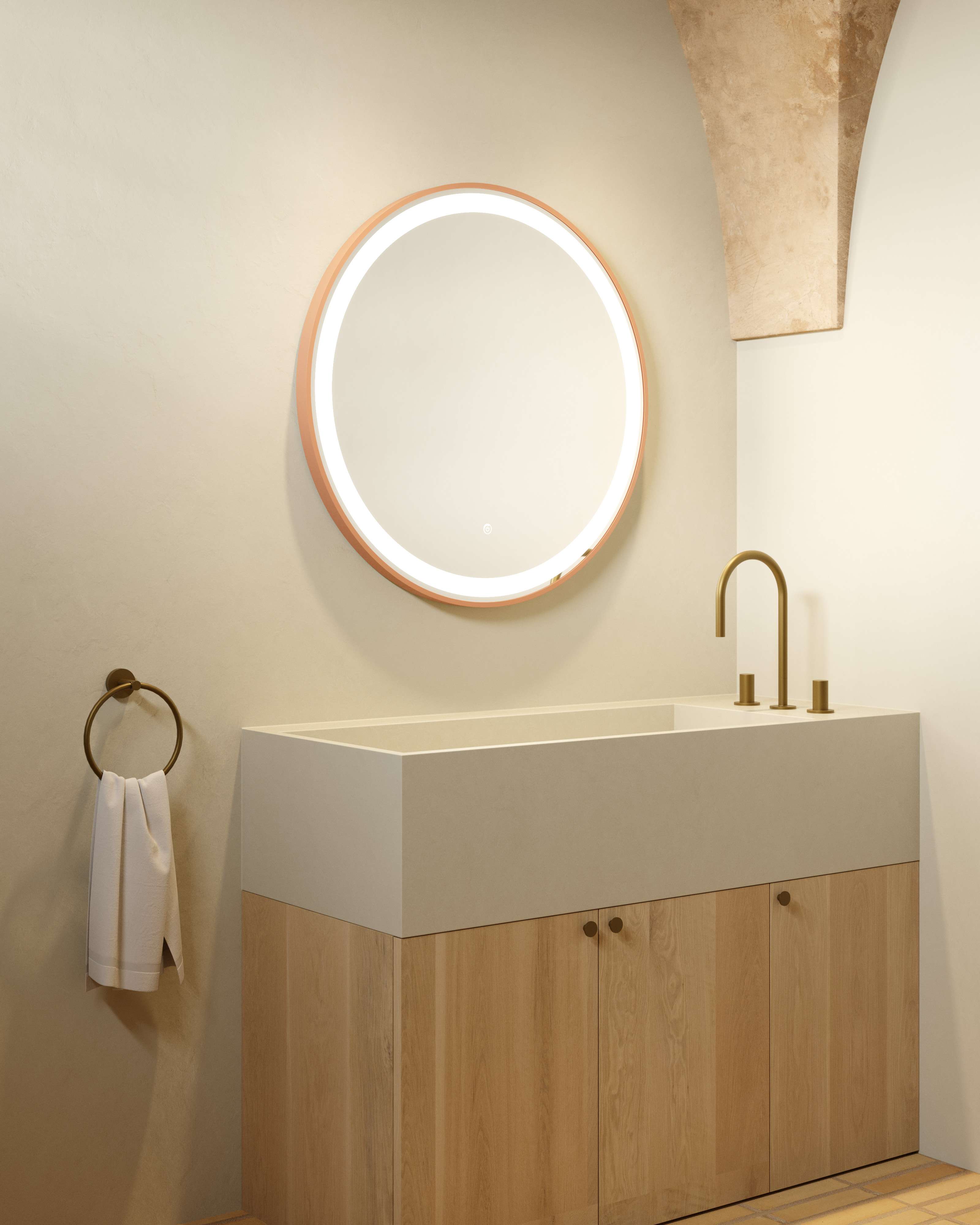 Imagen 2 de Espejo de baño redondo con antivaho y TRILED Iris Manillons Torrent - Terracota 100 cm Terracota