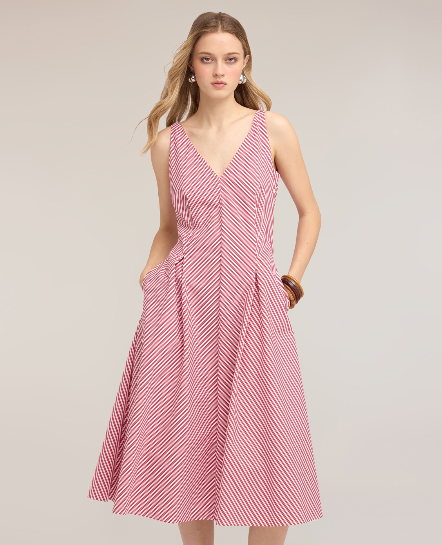 Vestido de línea a en popelín a rayas largo midi cierre con cremallera - Motivi - Rojo Rojo-3