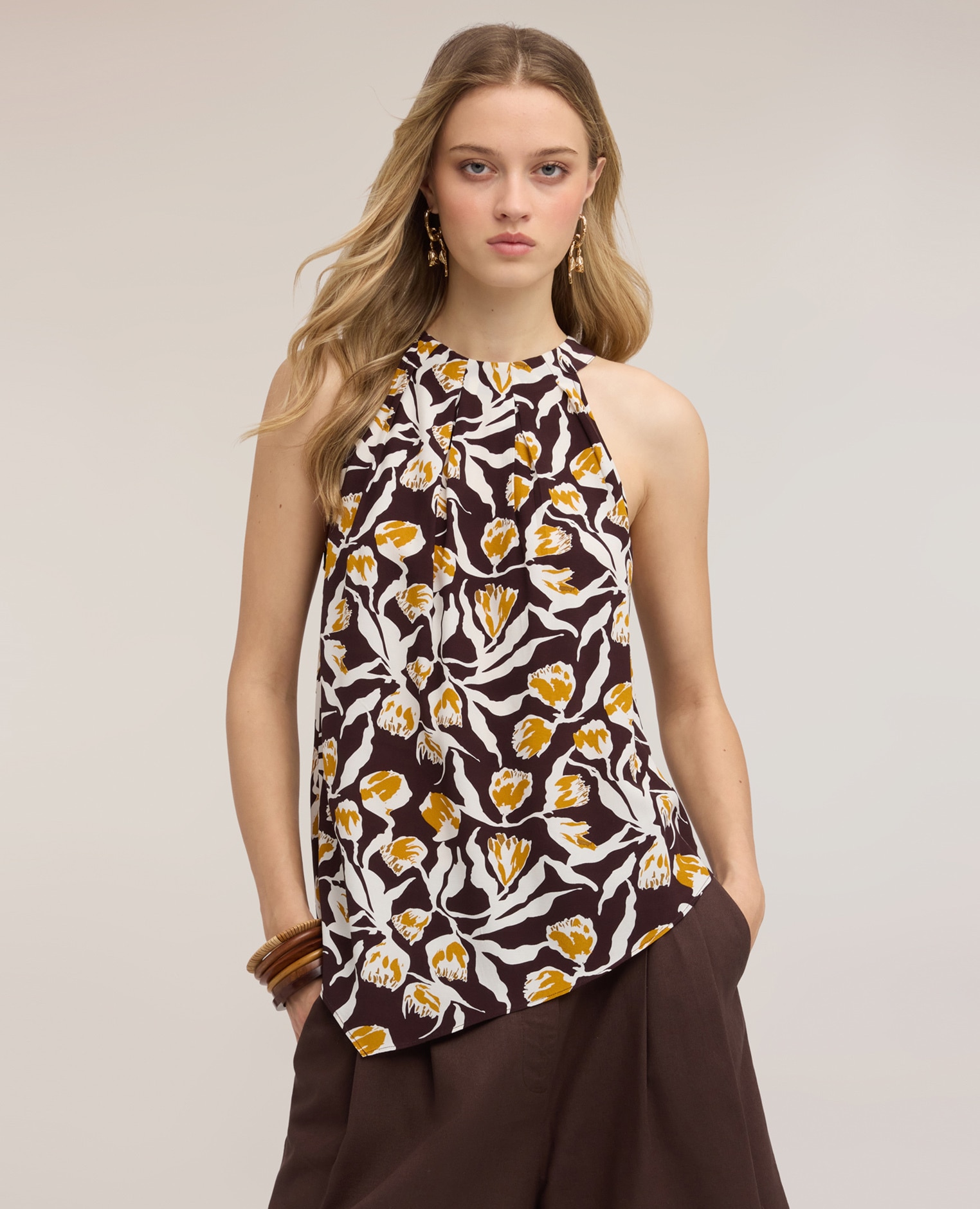 Top de mujer de viscosa con estampado y drapeado ajuste regular con drapeado frontal - Motivi - Marrón Marrón-1