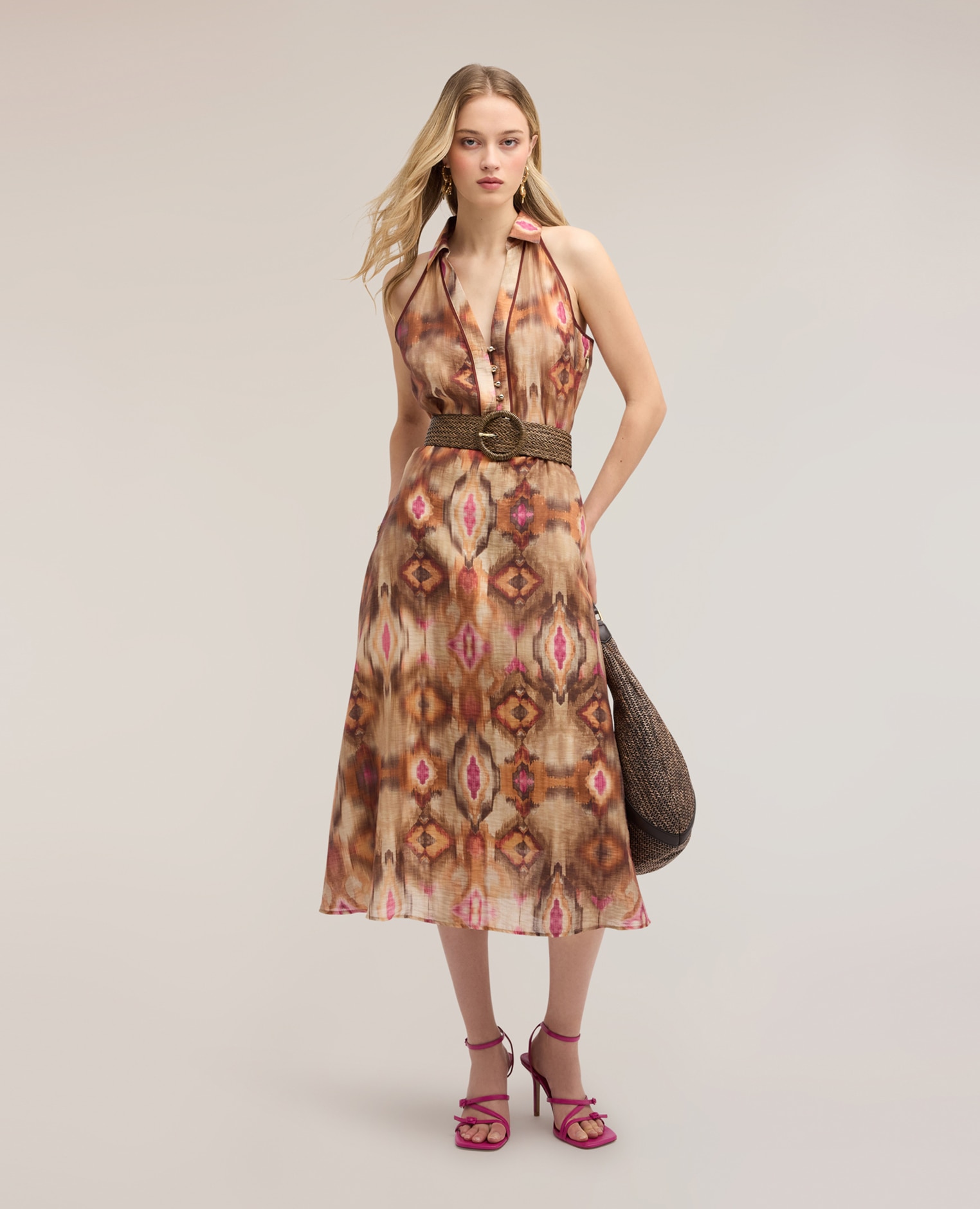 Vestido camisero en tela con estampado ikat longitud midi cierre frontal con botones metálicos y cremallera lateral - Motivi - Marrón Marrón-1