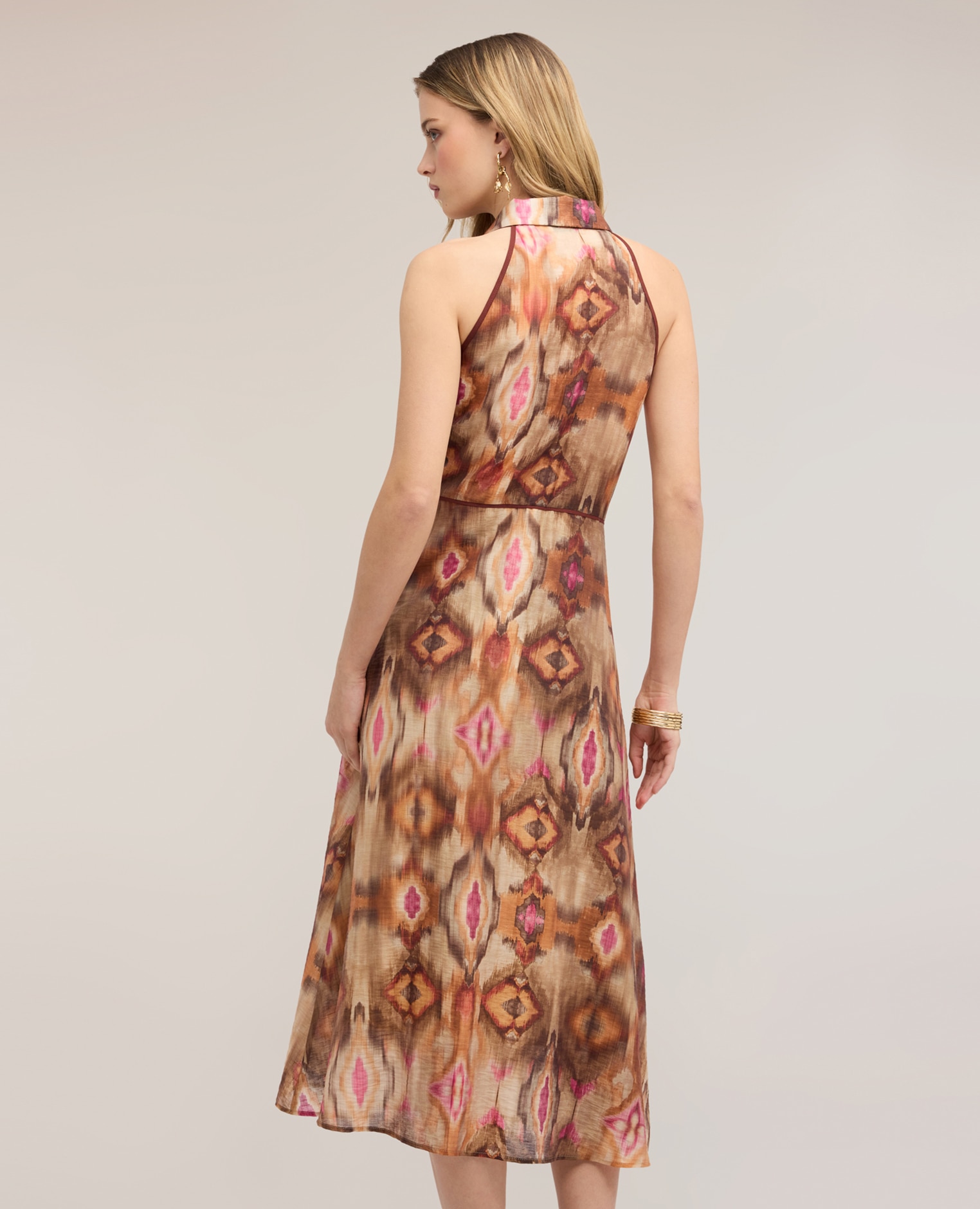 Vestido camisero en tela con estampado ikat longitud midi cierre frontal con botones metálicos y cremallera lateral - Motivi - Marrón Marrón-2