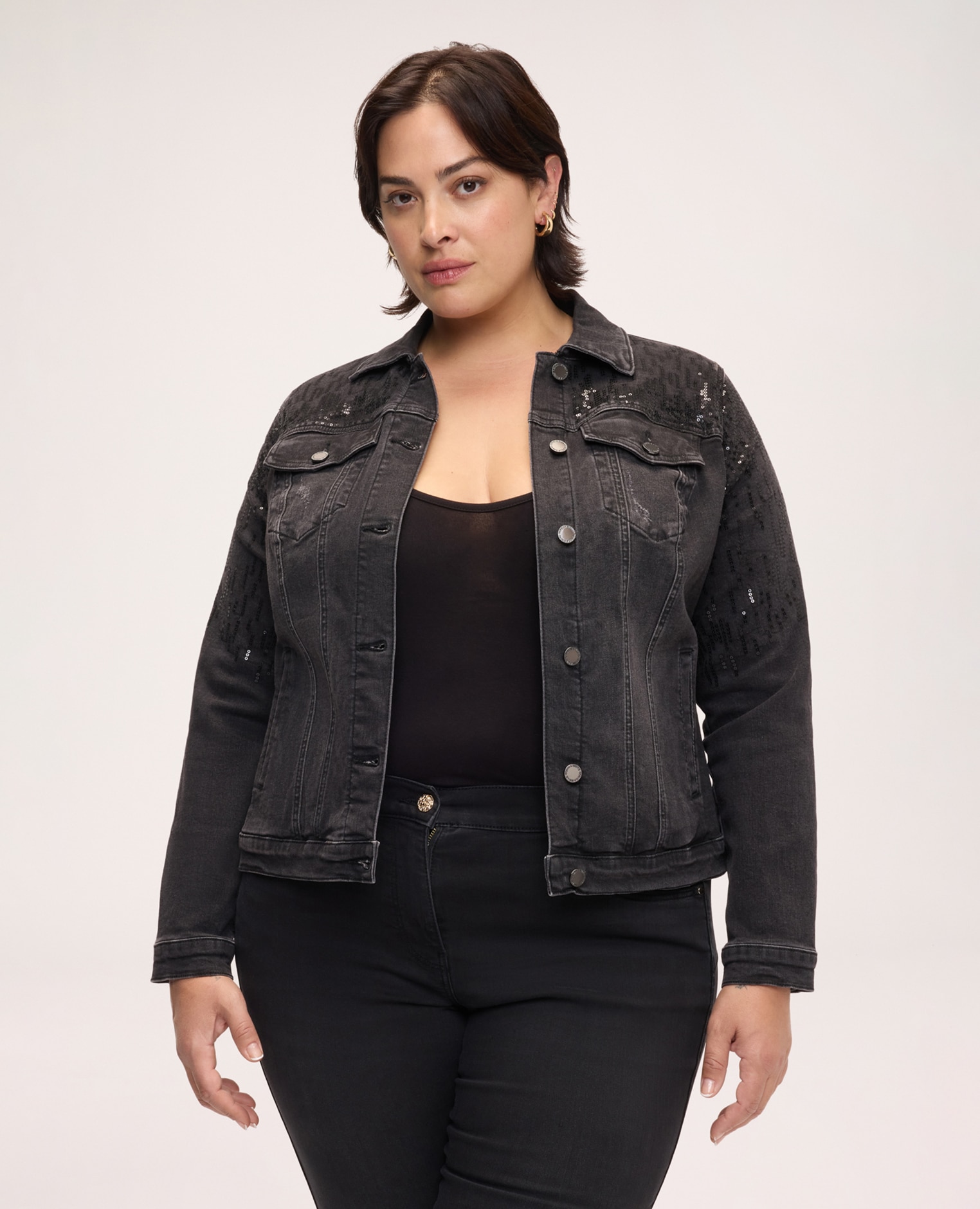 Chaqueta de mujer de denim con lentejuelas aplicaciones de lentejuelas en la parte superior del busto y en las mangas - Fiorella Rubino - Negro Negro-1