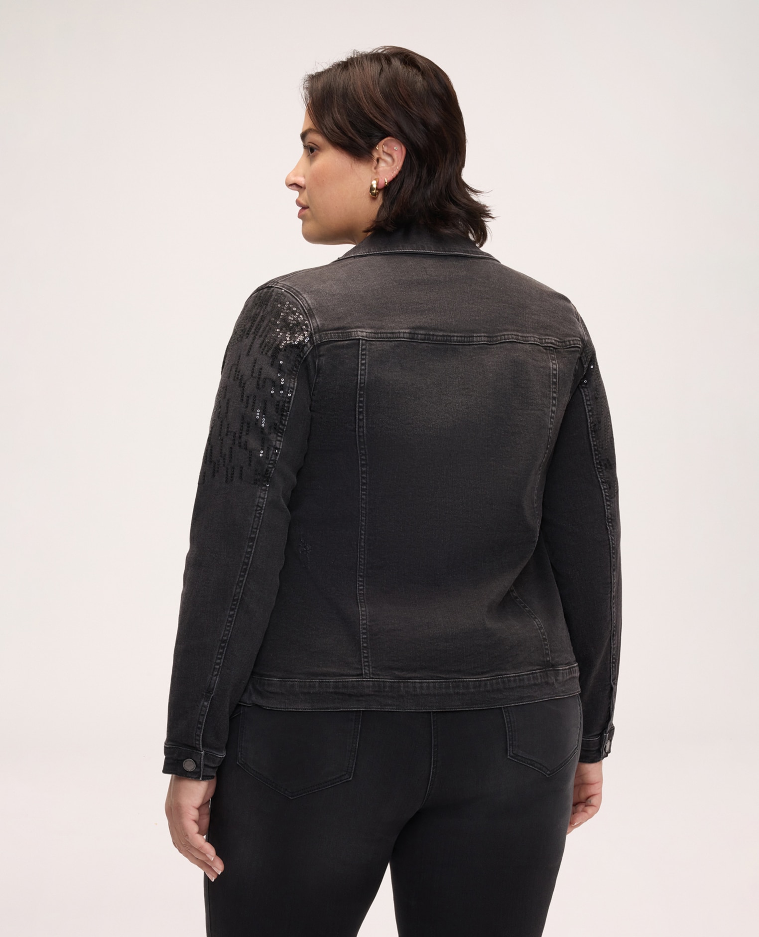 Chaqueta de mujer de denim con lentejuelas aplicaciones de lentejuelas en la parte superior del busto y en las mangas - Fiorella Rubino - Negro Negro-2