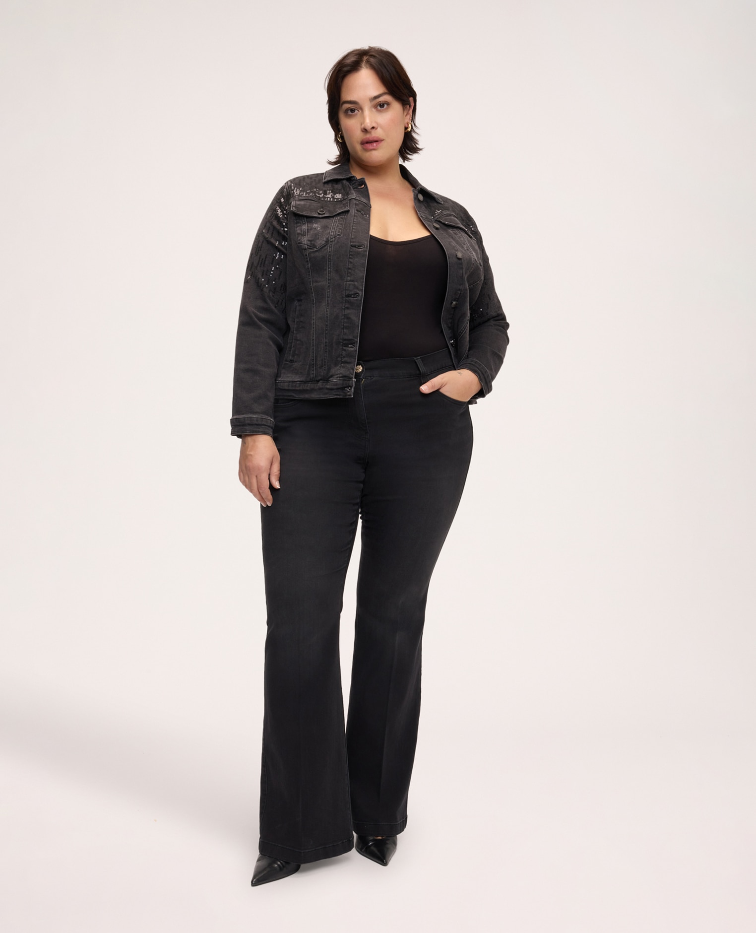 Chaqueta de mujer de denim con lentejuelas aplicaciones de lentejuelas en la parte superior del busto y en las mangas - Fiorella Rubino - Negro Negro-3