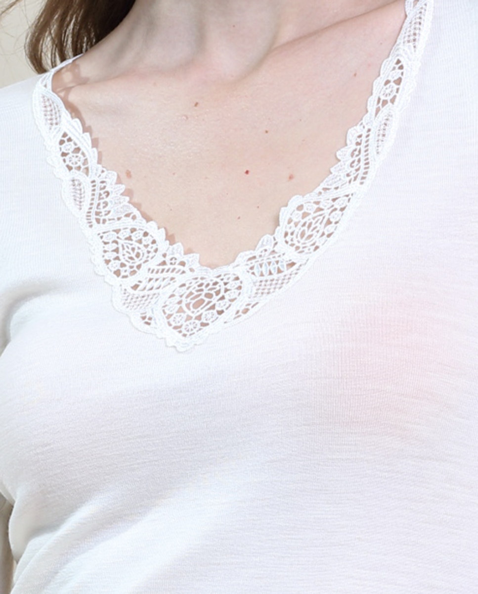 Camiseta interior de mujer de manga larga con macramé - Vittoria B. Intimo - Blanco Blanco-3