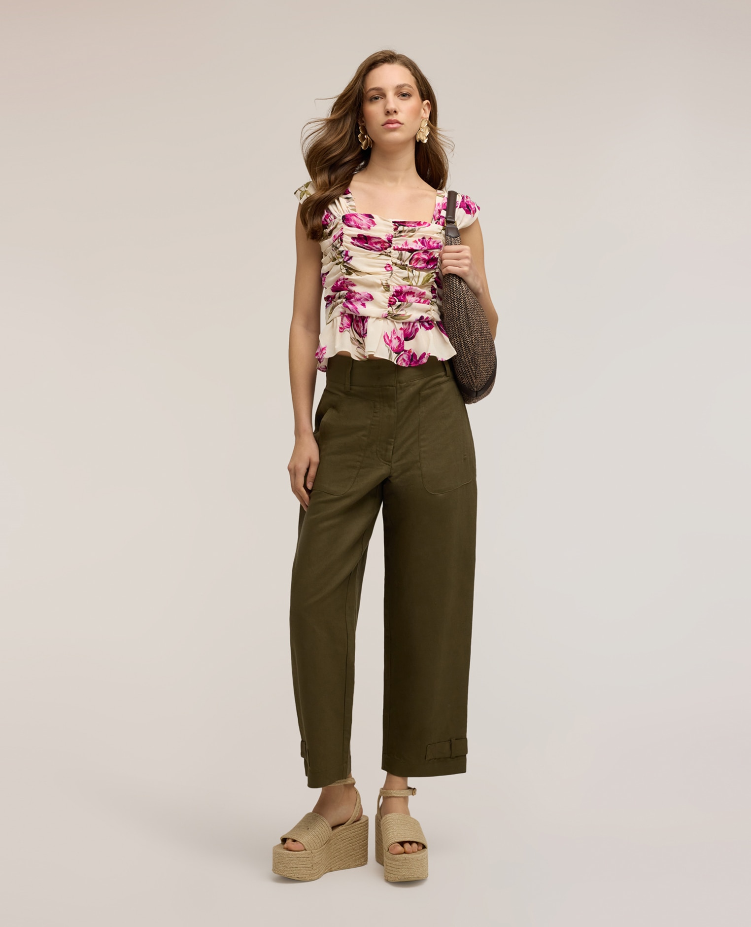 Top de mujer fruncido con estampado floral ajuste entallado con escote cuadrado - Motivi - Fucsia Fucsia-3