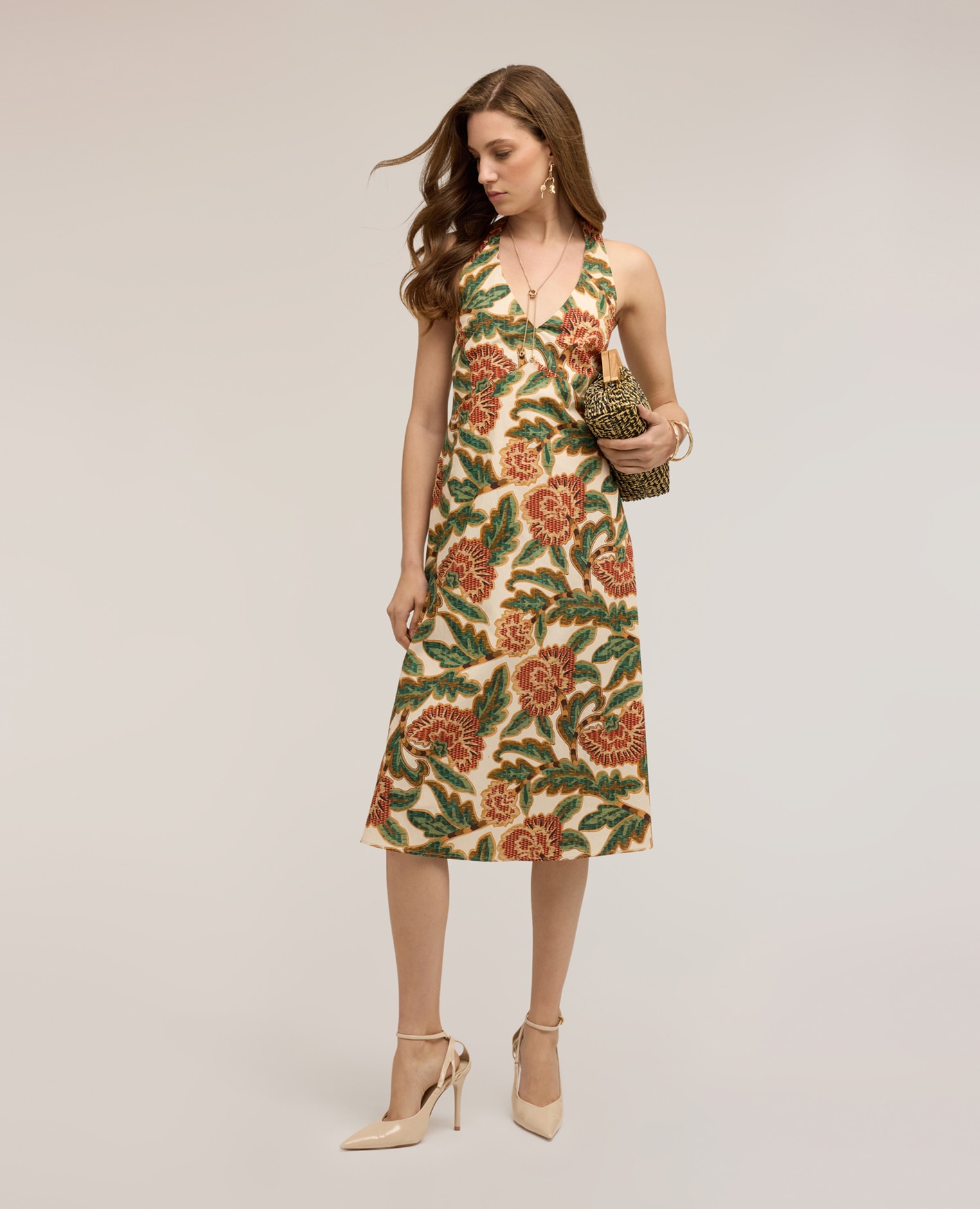 Motivi - Vestido de popelín con estampado floral escote halter con atadura al cuello cierre posterior con cremallera.