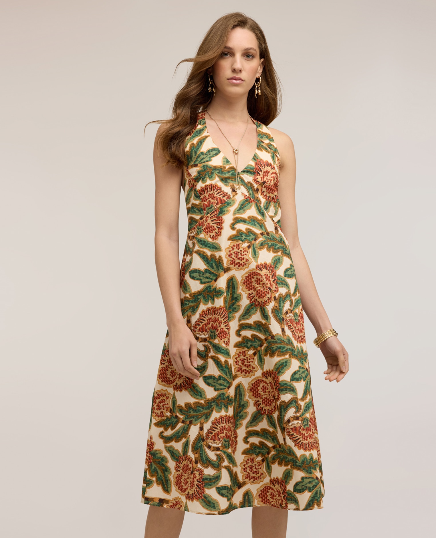 Vestido de popelín con estampado floral escote halter con atadura al cuello cierre posterior con cremallera - Motivi - Verde Verde-3