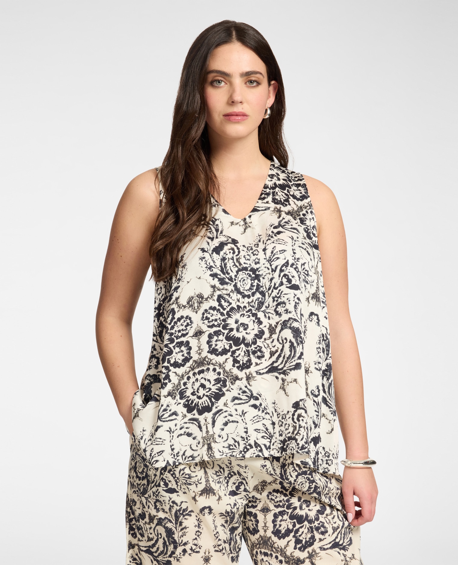 Top de mujer estampado en raso de viscosa ajuste regular y escote en v - Elena Miró - Negro Negro-1