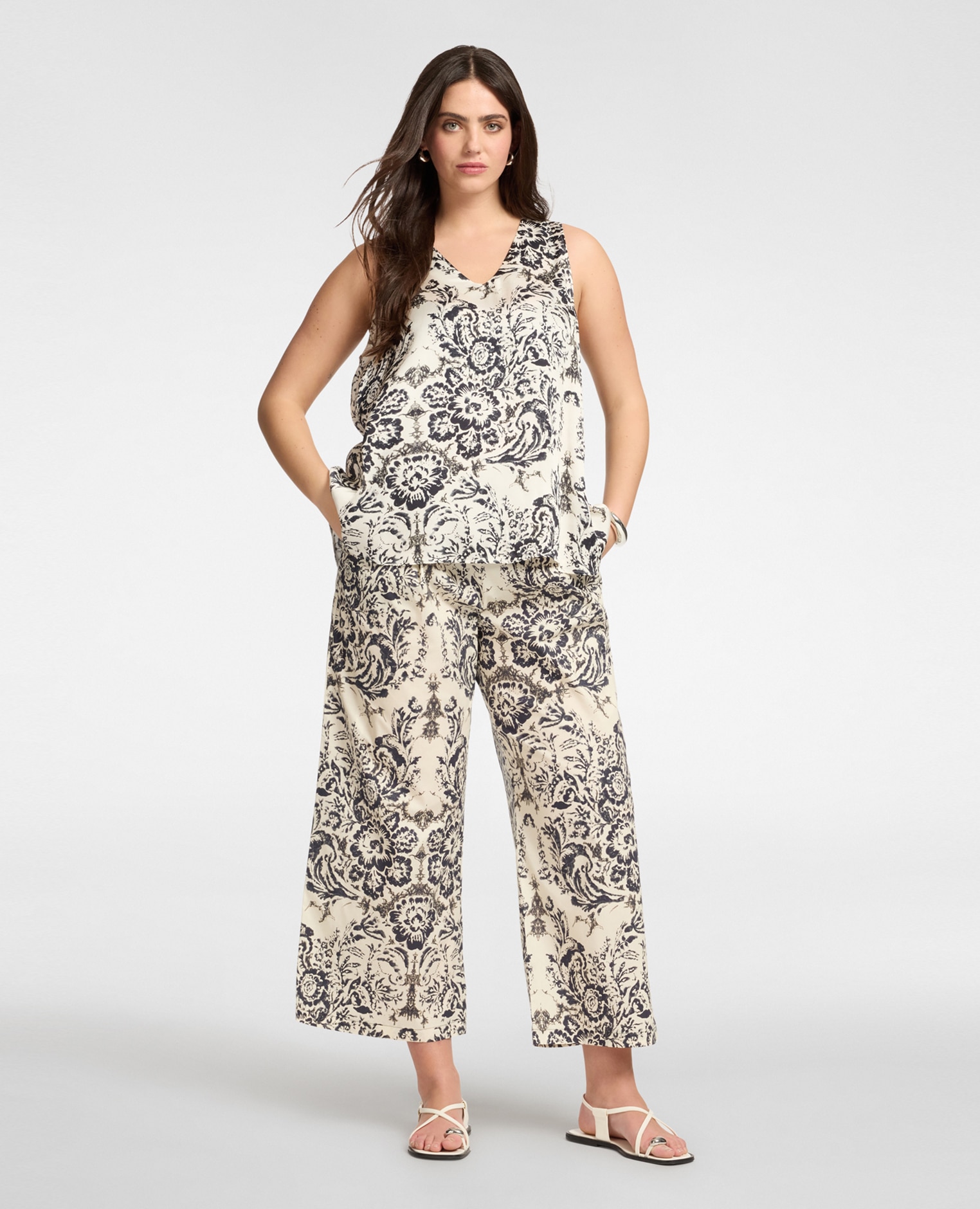 Top de mujer estampado en raso de viscosa ajuste regular y escote en v - Elena Miró - Negro Negro-3