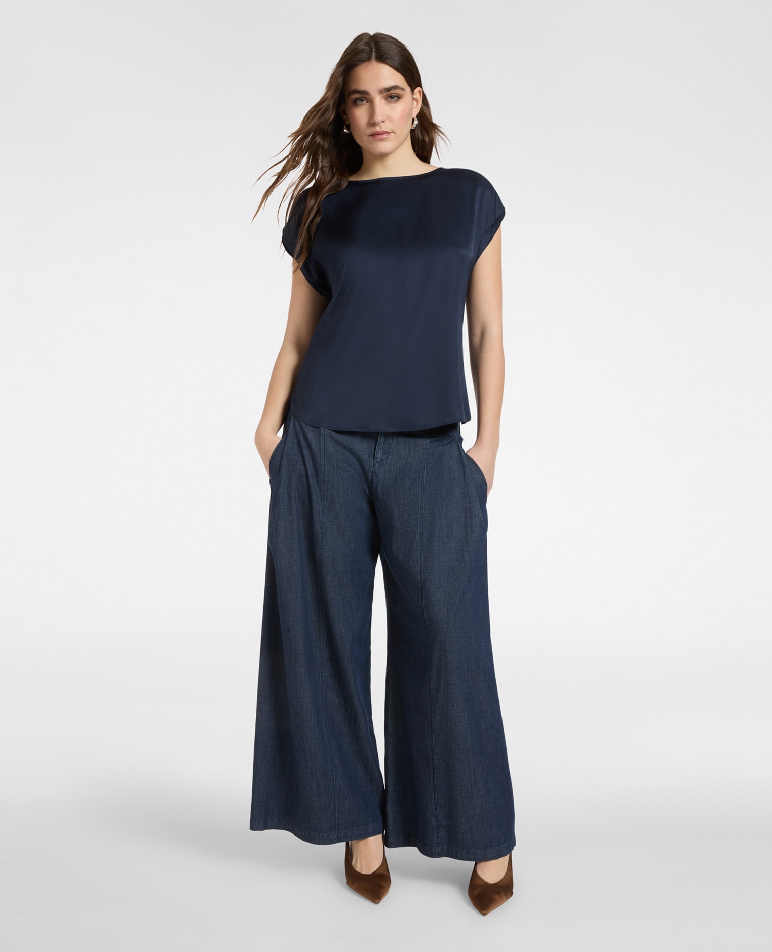 Imagen 3 de Blusa de mujer de satén ajuste regular con línea recta - Elena Miró - Azul Azul