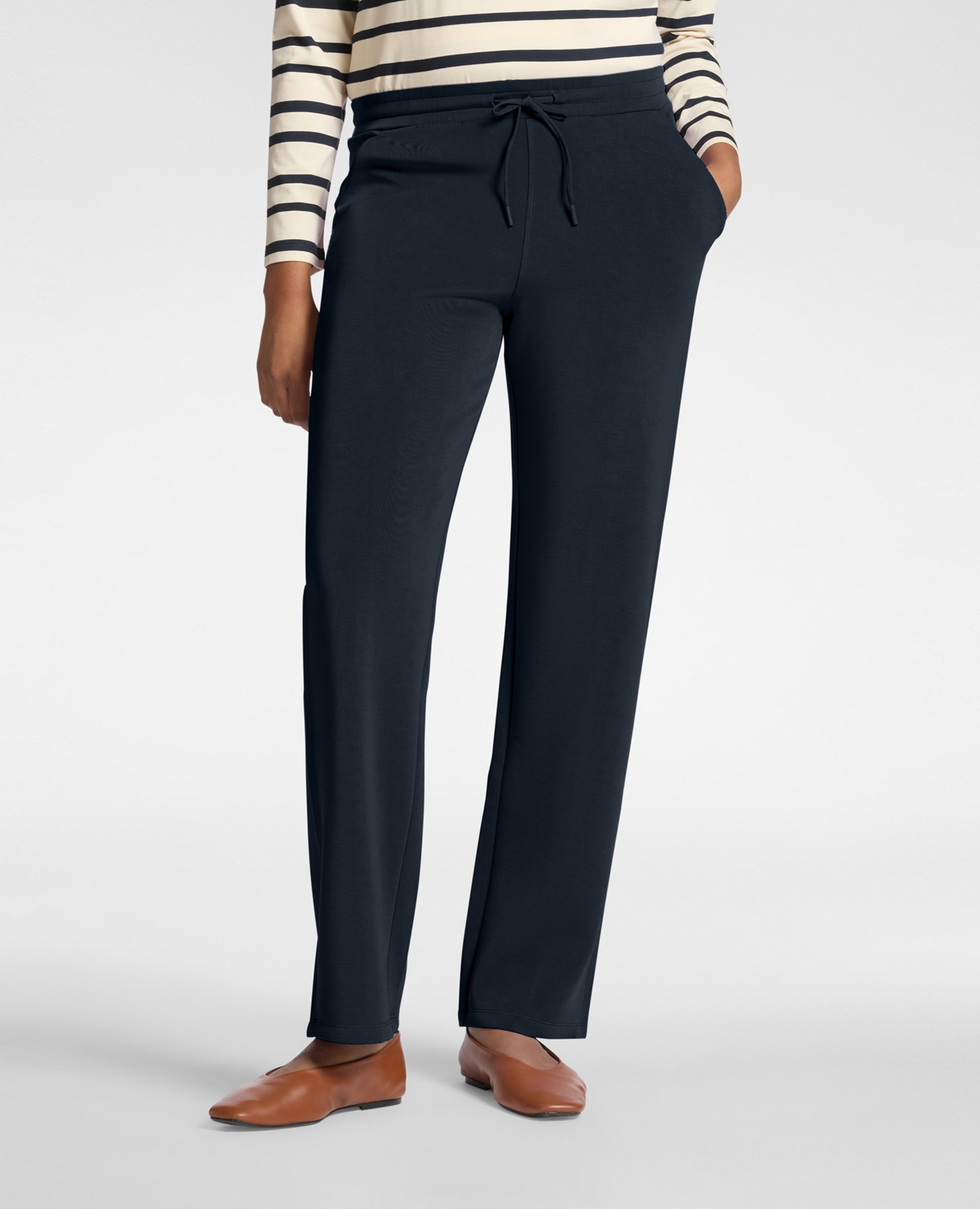 Pantalones de mujer palazzo en scuba ajuste jogger con banda elástica en la cintura - Elena Miró - Marrón Azul-3