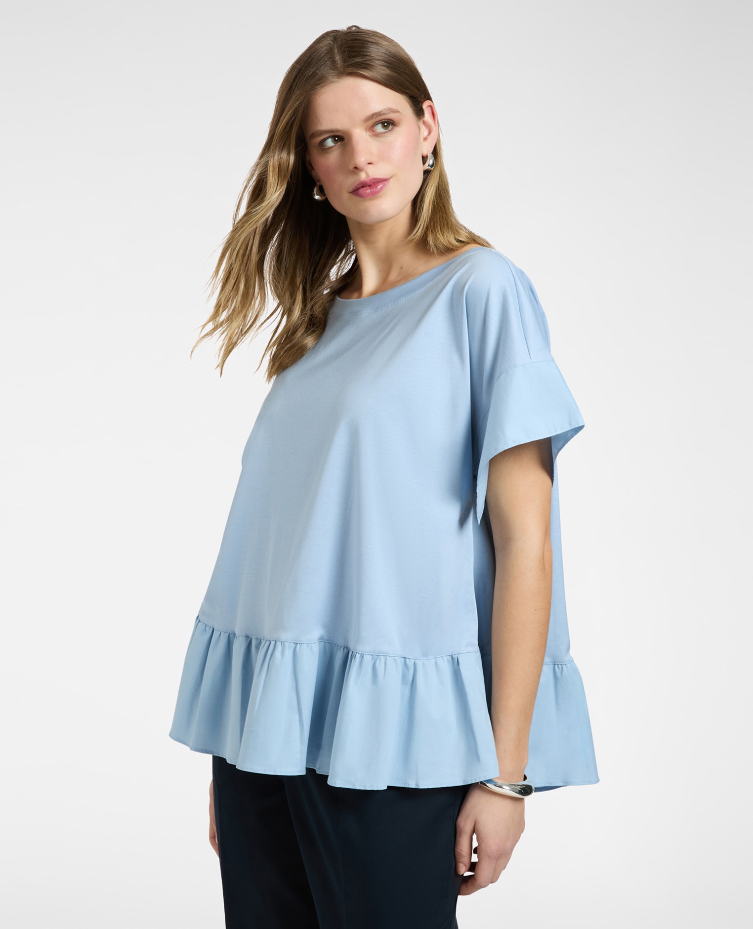 Elena Miró - Camiseta de mujer con volante en el bajo ajuste relajado con mangas cortas.