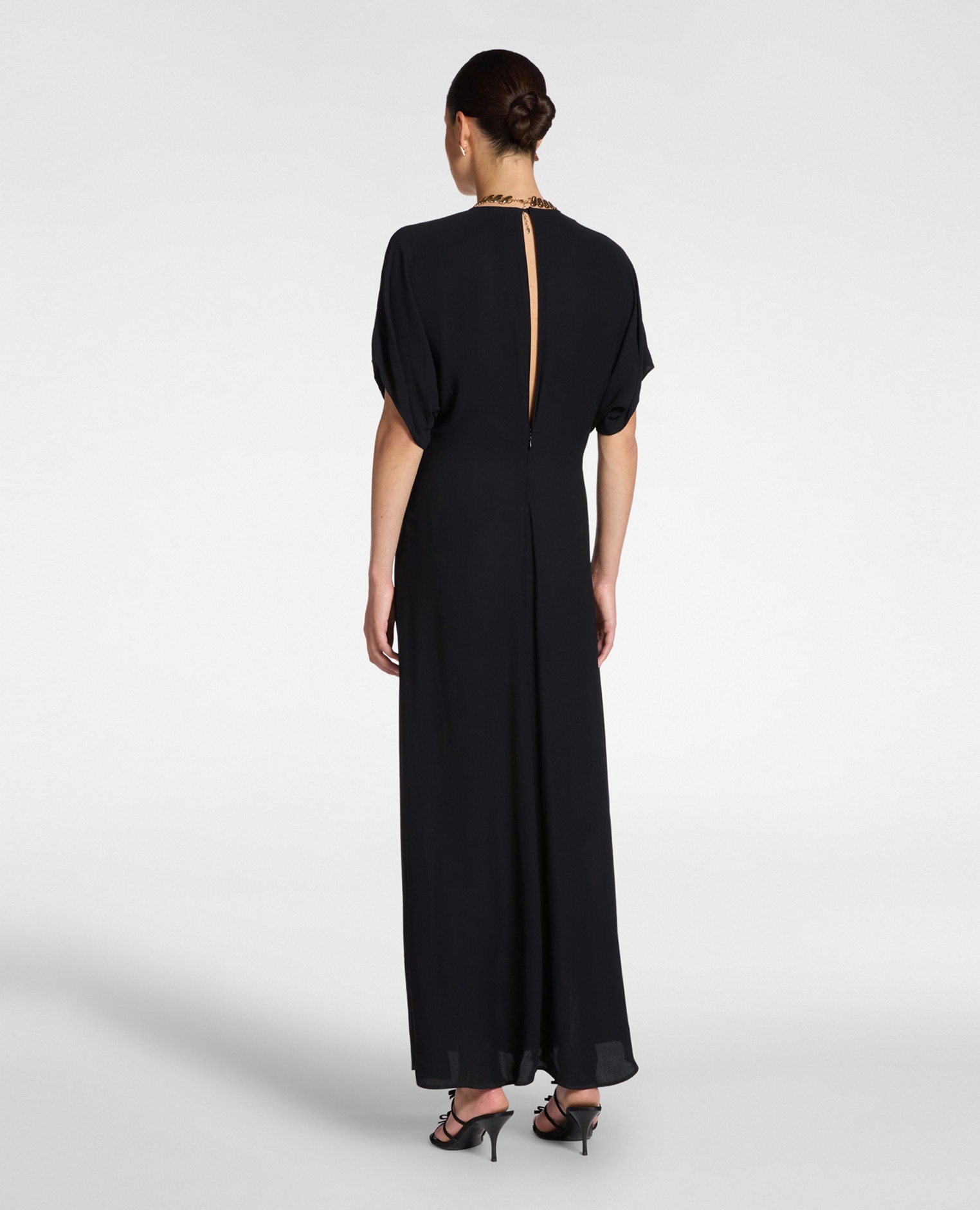 Vestido largo en crepé de china con drapeado cierre trasero con botón fruncido en la cintura - Elena Miró - Negro Negro-2