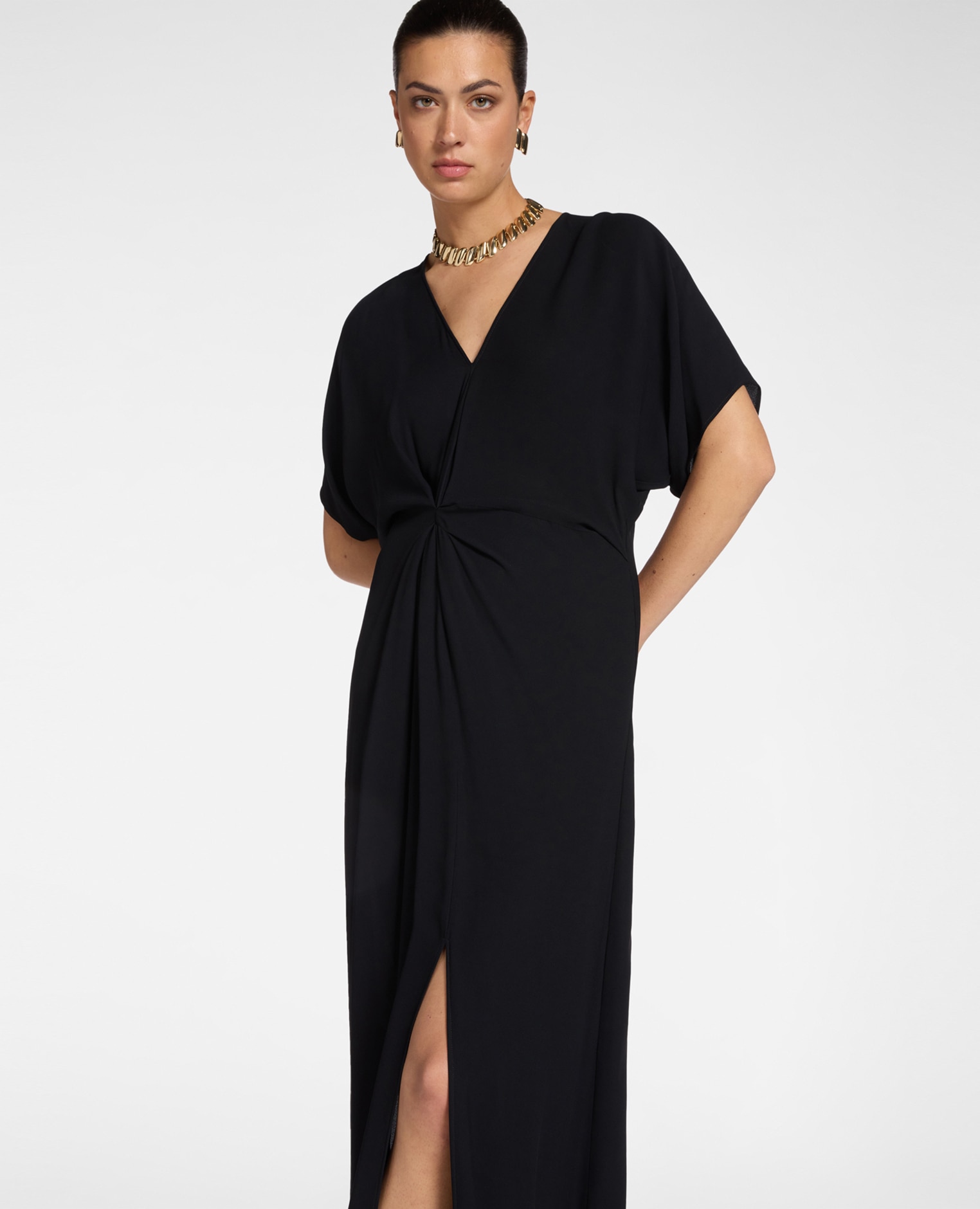 Vestido largo en crepé de china con drapeado cierre trasero con botón fruncido en la cintura - Elena Miró - Negro Negro-3