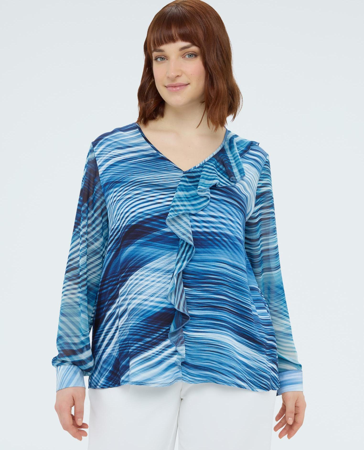 Blusa de mujer de viscosa estampada con volante y cuello de pico - Fiorella Rubino - Azul Azul-1