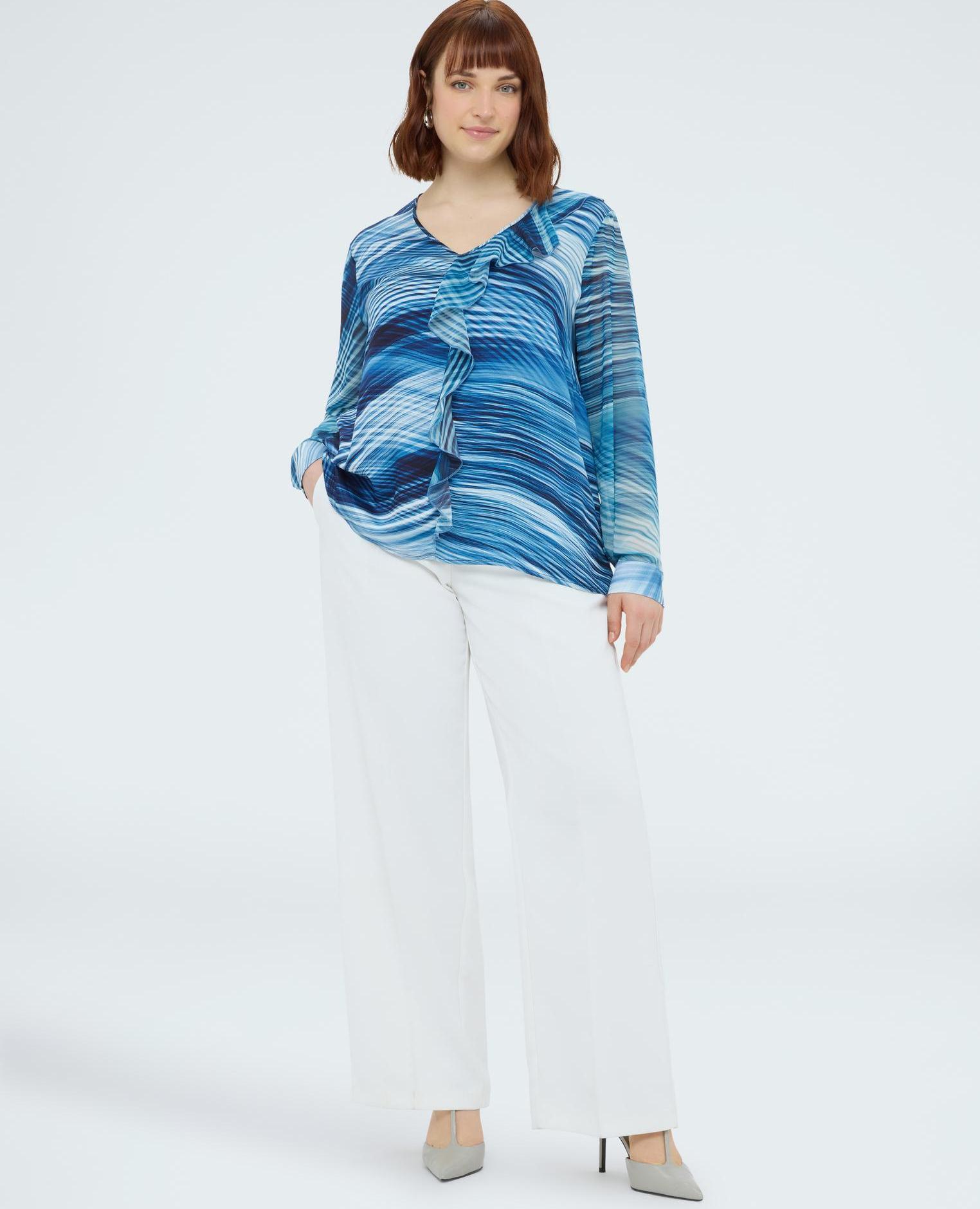 Blusa de mujer de viscosa estampada con volante y cuello de pico - Fiorella Rubino - Azul Azul-4