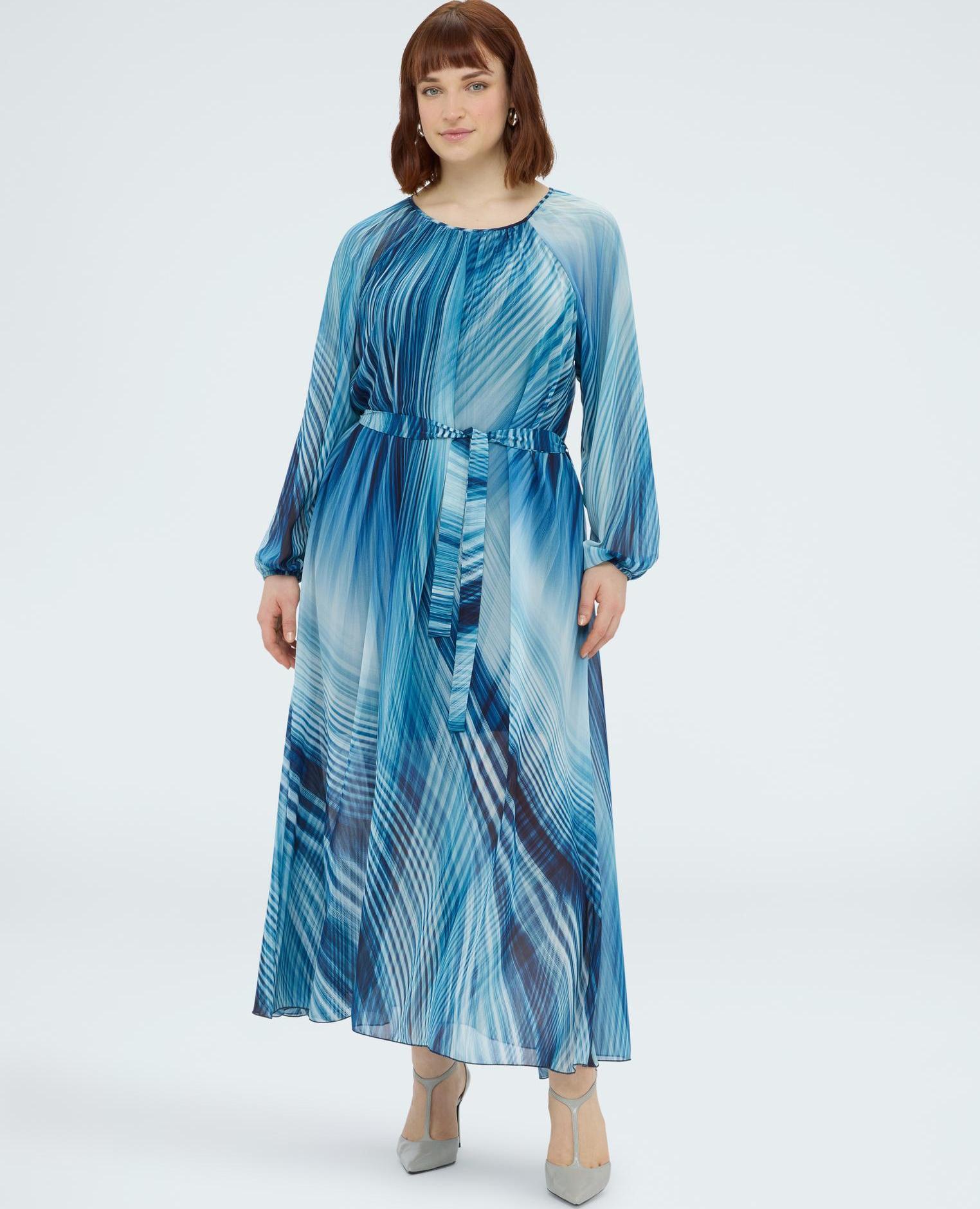 Vestido largo estampado escote con fruncidos centrales mangas largas - Fiorella Rubino - Azul Azul-1