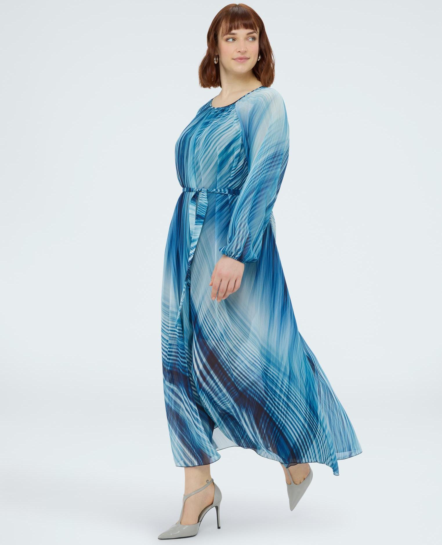 Vestido largo estampado escote con fruncidos centrales mangas largas - Fiorella Rubino - Azul Azul-3