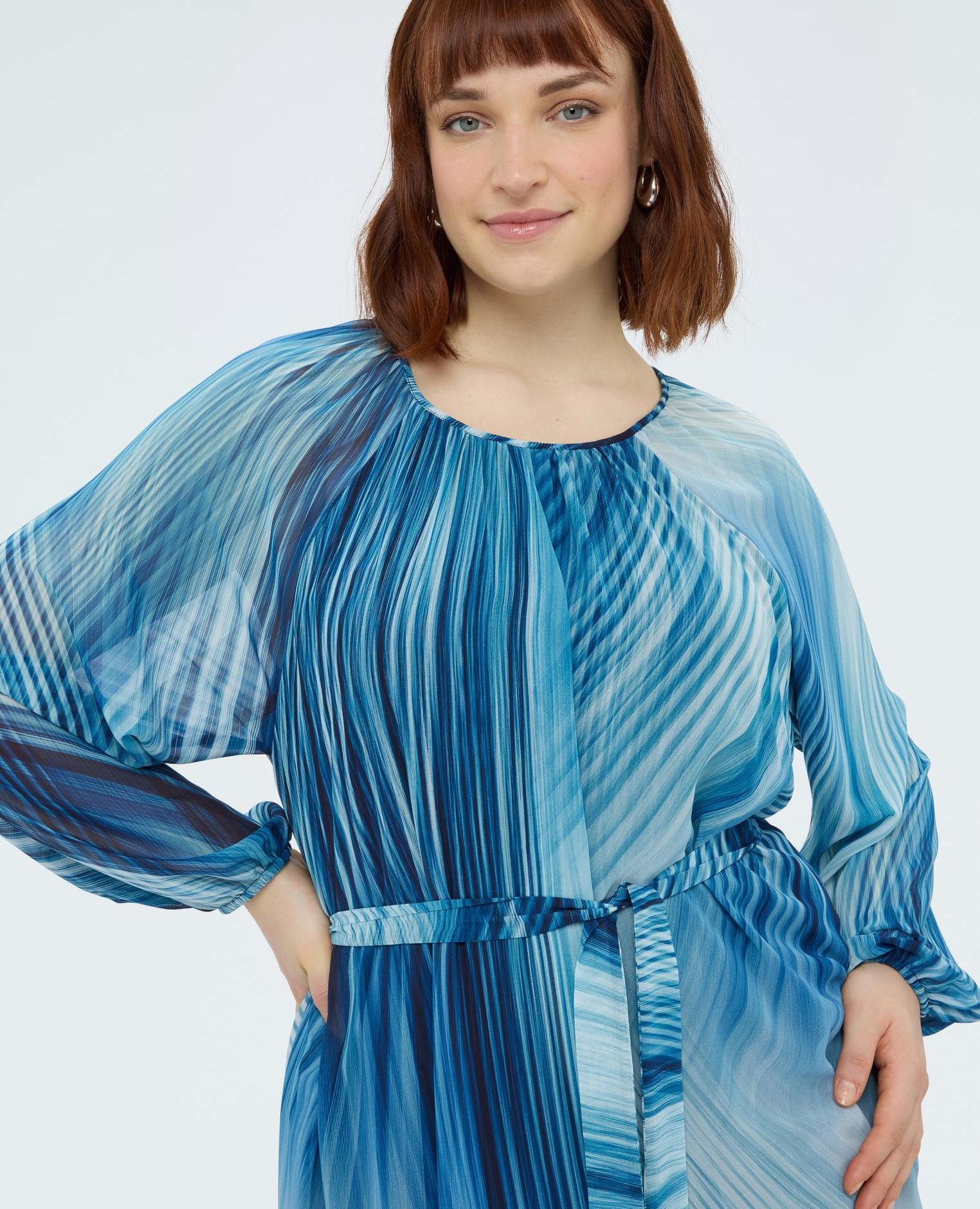 Vestido largo estampado escote con fruncidos centrales mangas largas - Fiorella Rubino - Azul Azul-4
