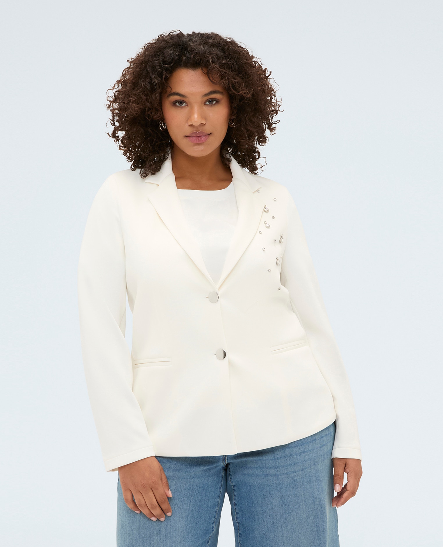 Blazer de mujer en scuba con aplicaciones de cristal aplicaciones decorativas en la parte delantera y bolsillos frontales - Fiorella Rubino - Blanco Blanco-1