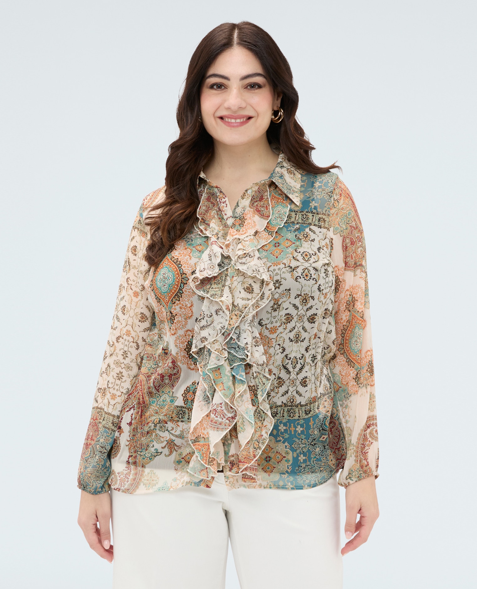 Fiorella Rubino - Camisa de mujer en georgette estampado paisley cierre con botones y mangas largas con elástico en el bajo.