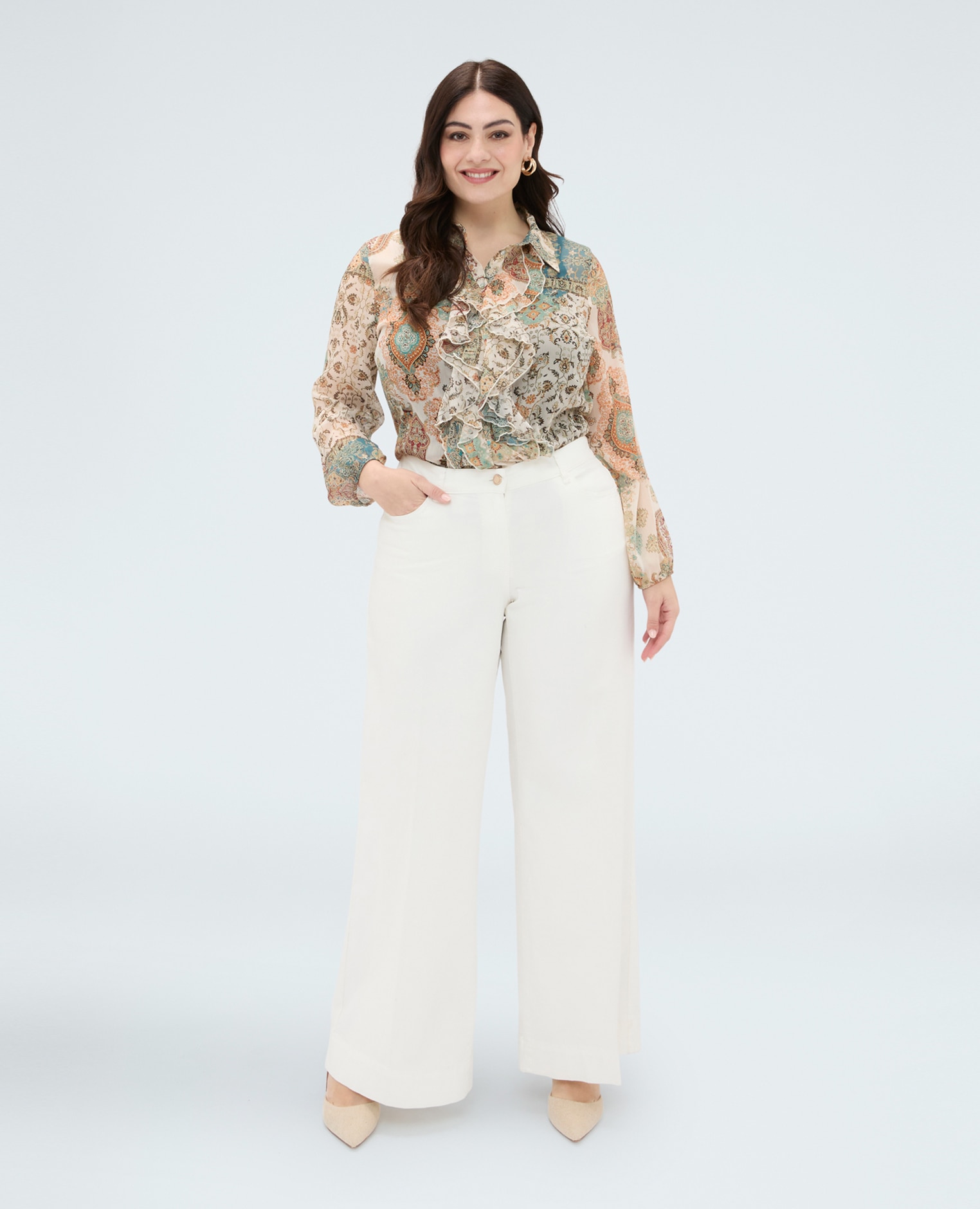 Camisa de mujer en georgette estampado paisley cierre con botones y mangas largas con elástico en el bajo - Fiorella Rubino - Beige Beige-3