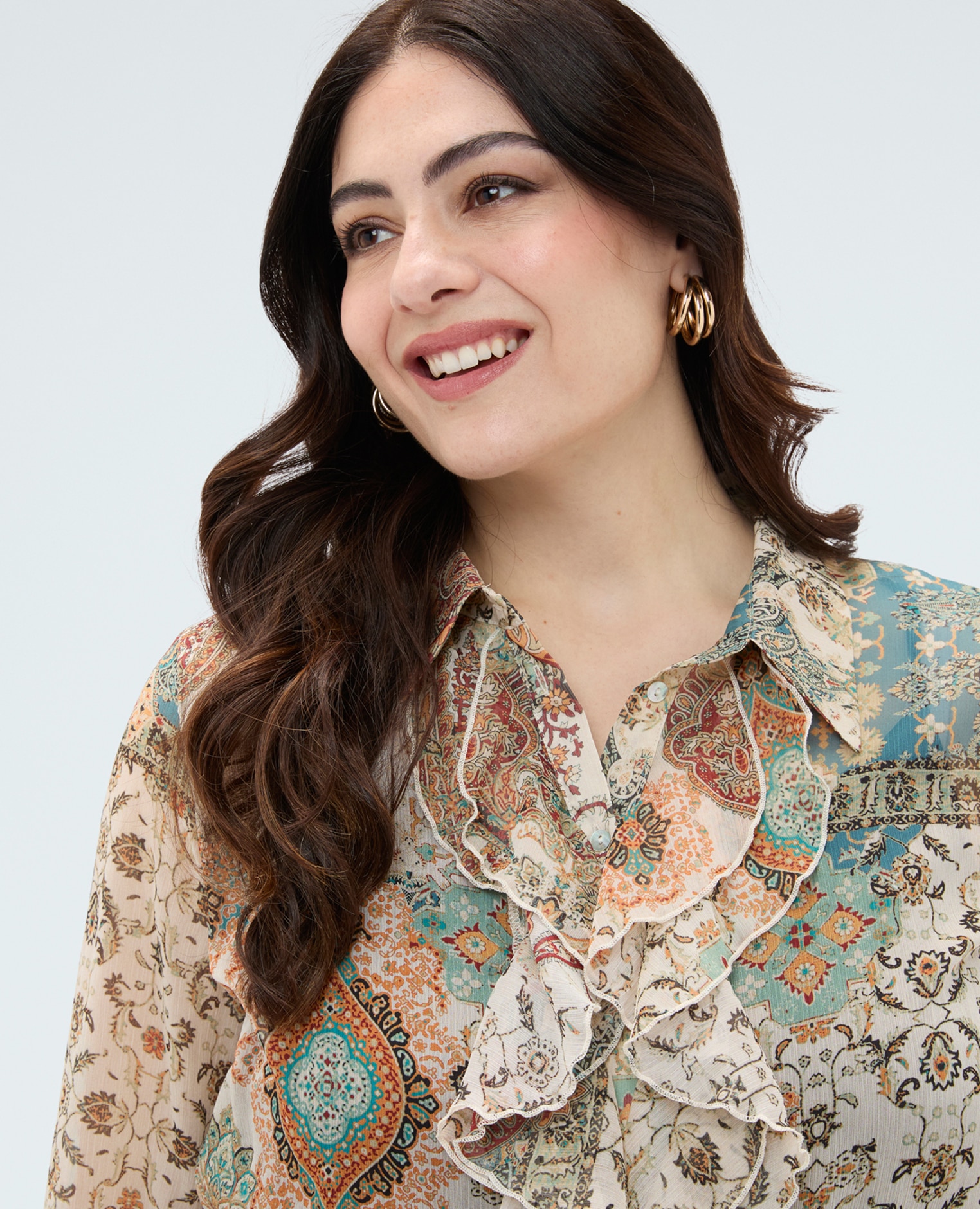 Camisa de mujer en georgette estampado paisley cierre con botones y mangas largas con elástico en el bajo - Fiorella Rubino - Beige Beige-4