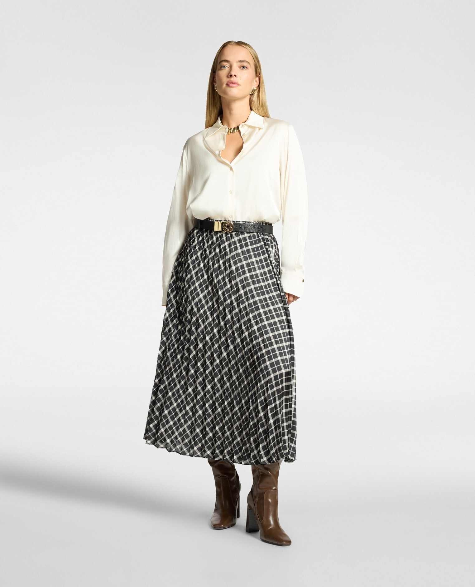 Camisa de mujer en raso stretch cuello botones a tono - Elena Miró - Blanco Blanco-3