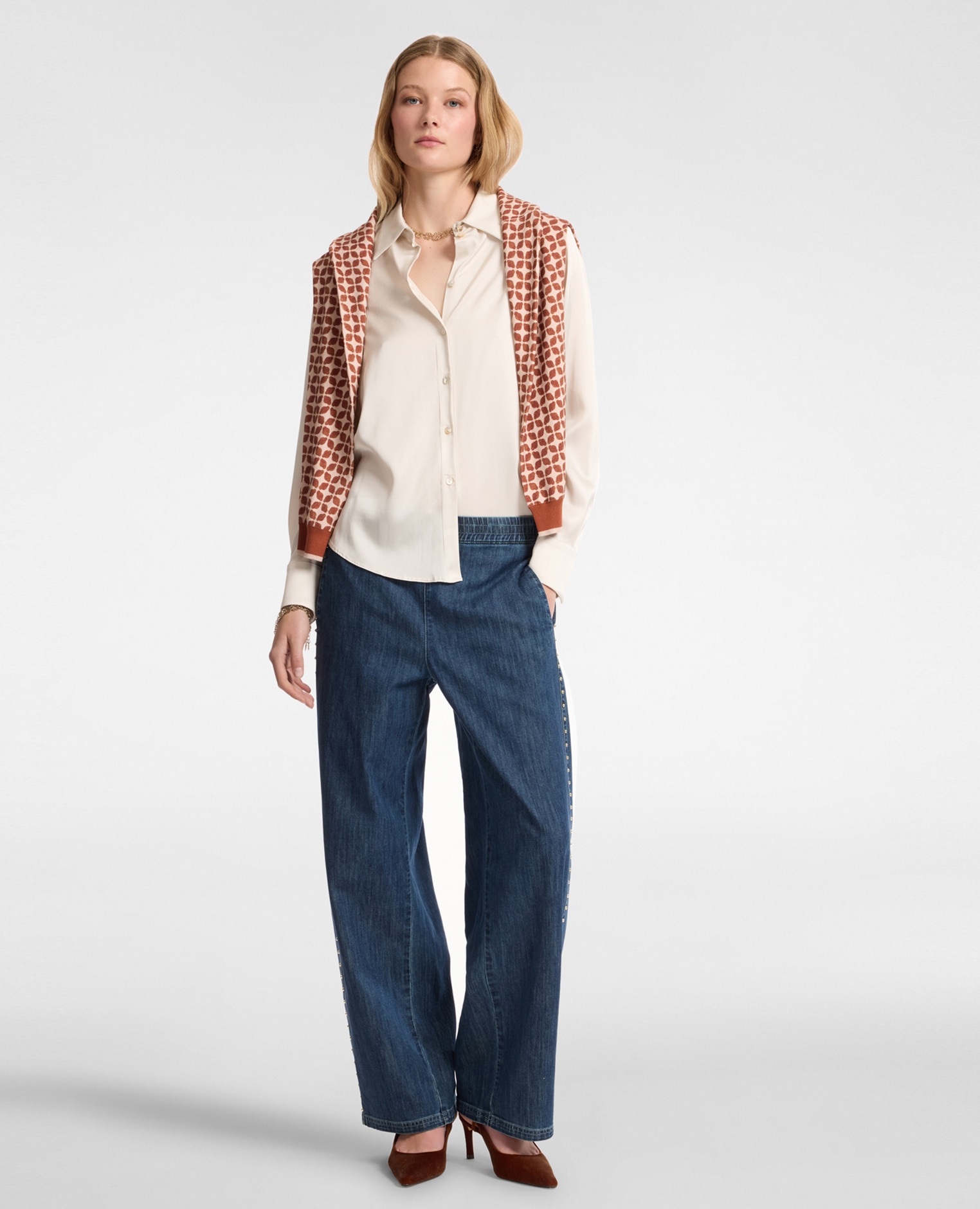 Camisa de mujer en raso stretch cuello botones a tono - Elena Miró - Beige Beige-3