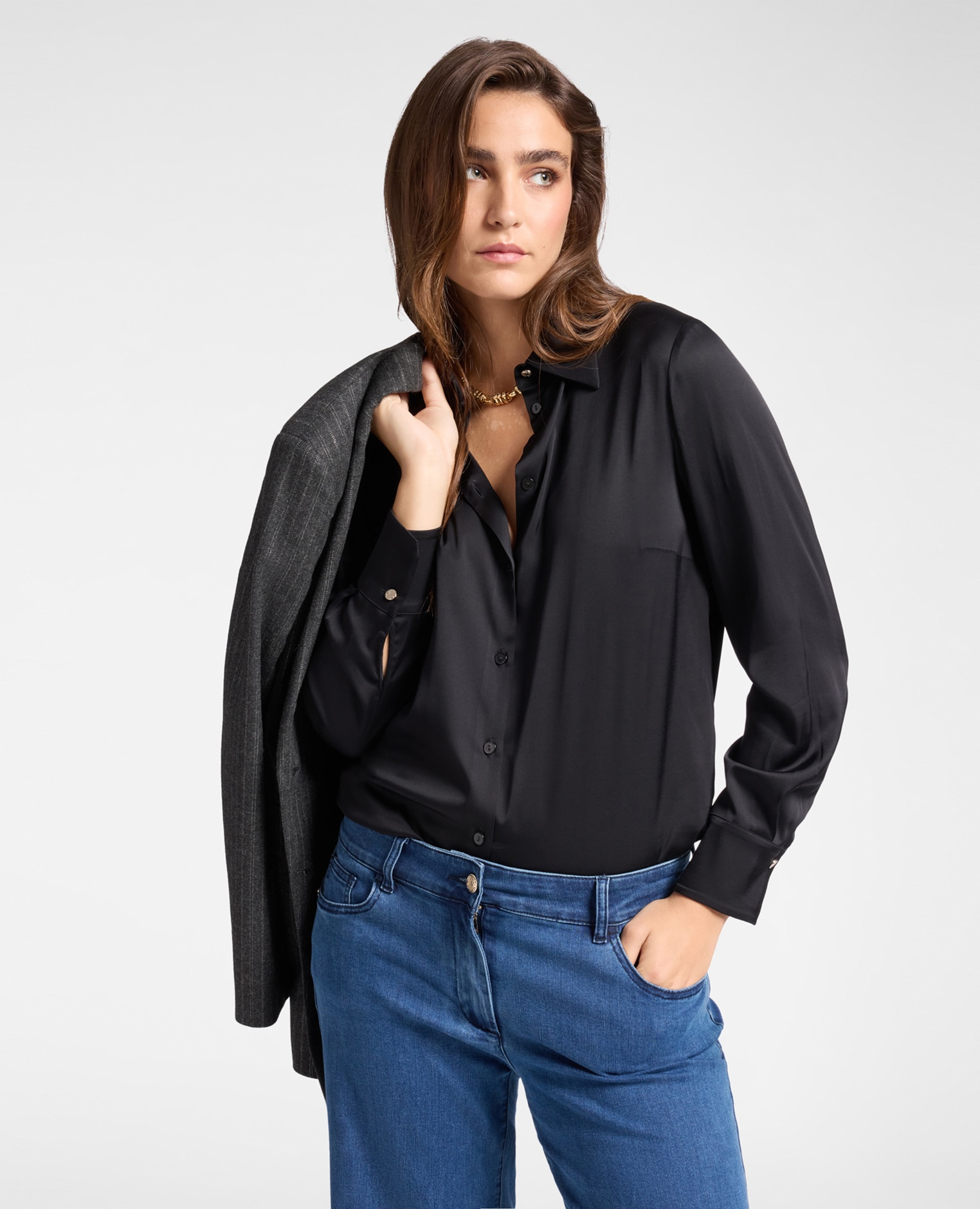 Camisa de mujer de satén elástico con botones a juego - Elena Miró - Negro Negro-1