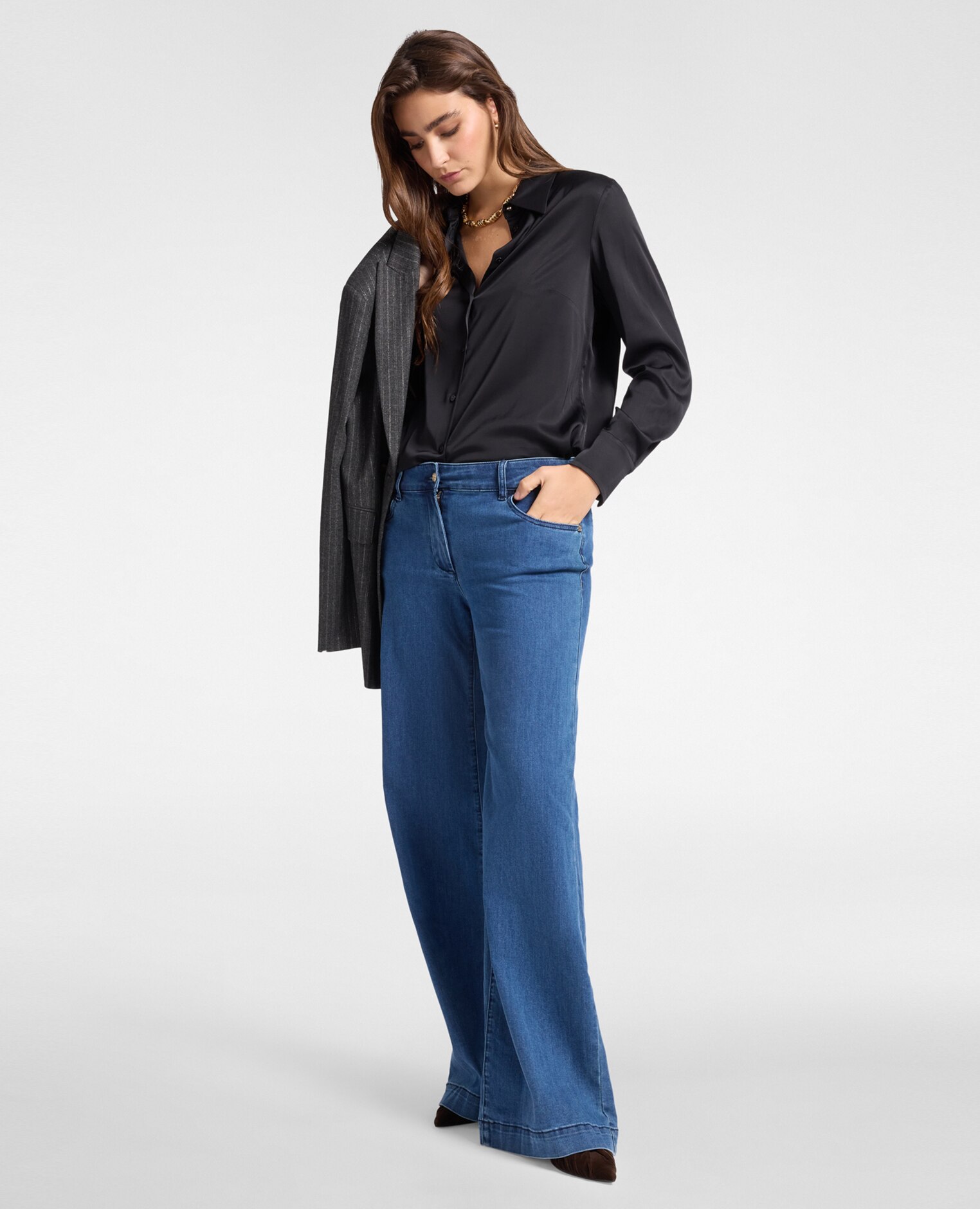 Camisa de mujer de satén elástico con botones a juego - Elena Miró - Negro Negro-3