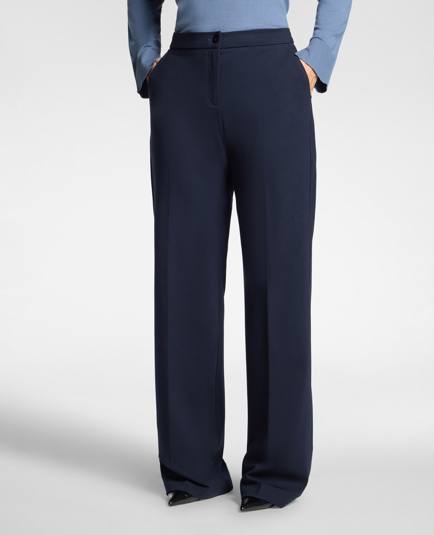 Pantalones de mujer de hombre en punto milanés bolsillos laterales cómodo cierre de cremallera y botón y pliegues en la espalda - Elena Miró - Azul Azul-3