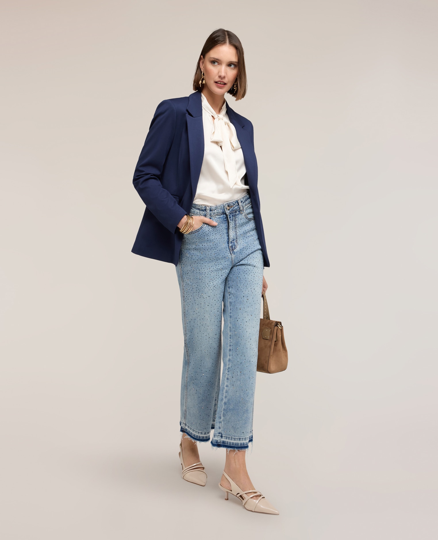Chaqueta de mujer blazer de una botonadura en punto milano apertura frontal con cuello de solapa y botón - Motivi - Azul Azul-3
