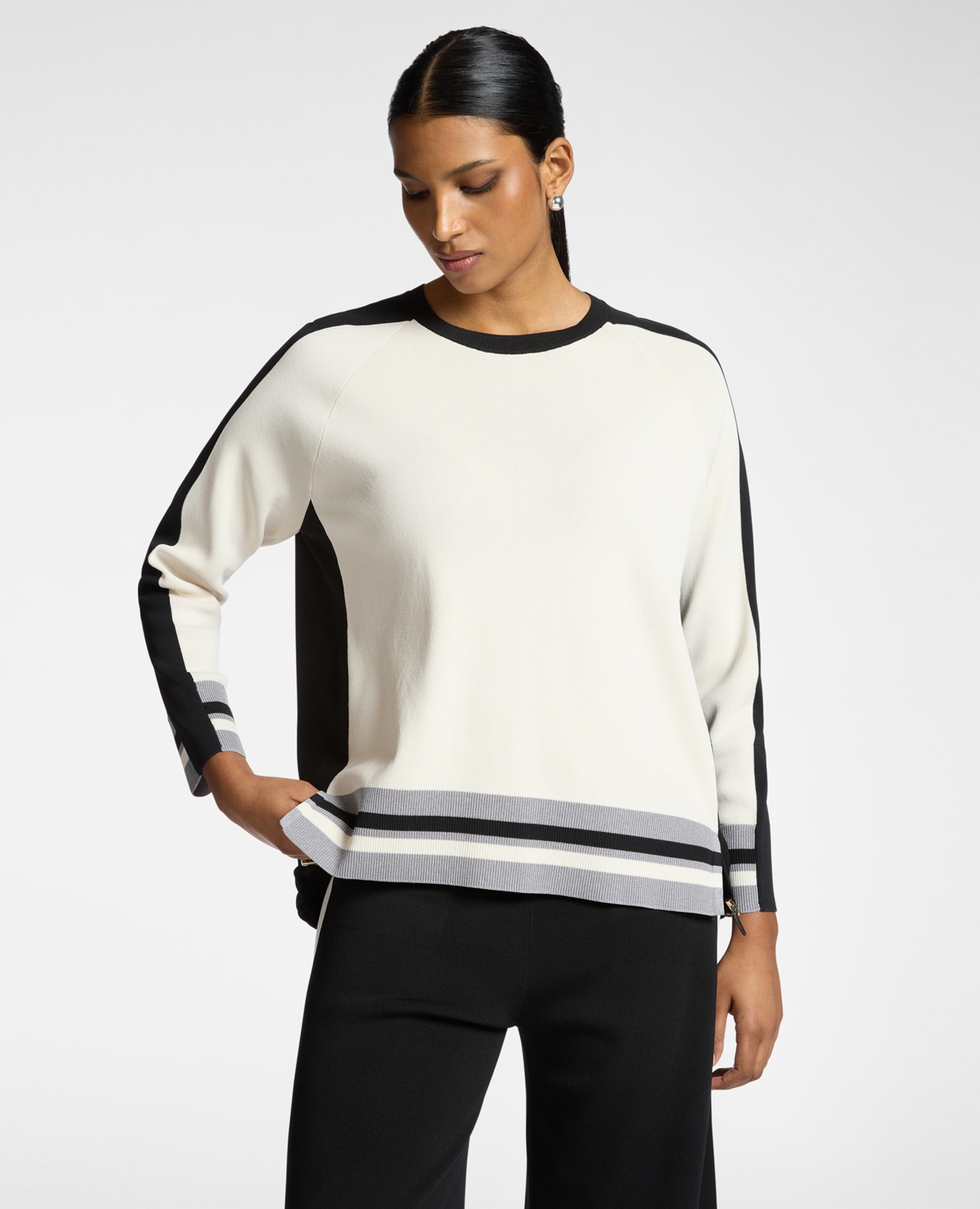 Jersey de mujer de mezcla de viscosa con bordes a rayas ajuste regular con longitud media y cuello redondo - Elena Miró - Blanco Blanco-1