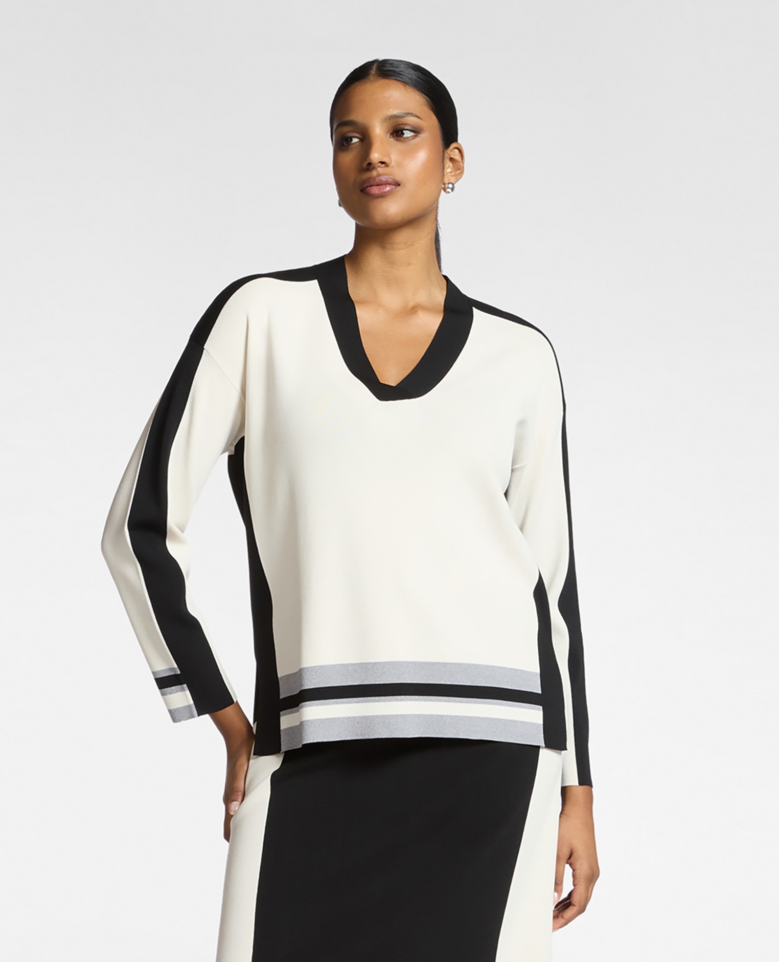 Jersey de mujer color block de viscosa mixta ajuste regular con longitud media - Elena Miró - Blanco Blanco-1