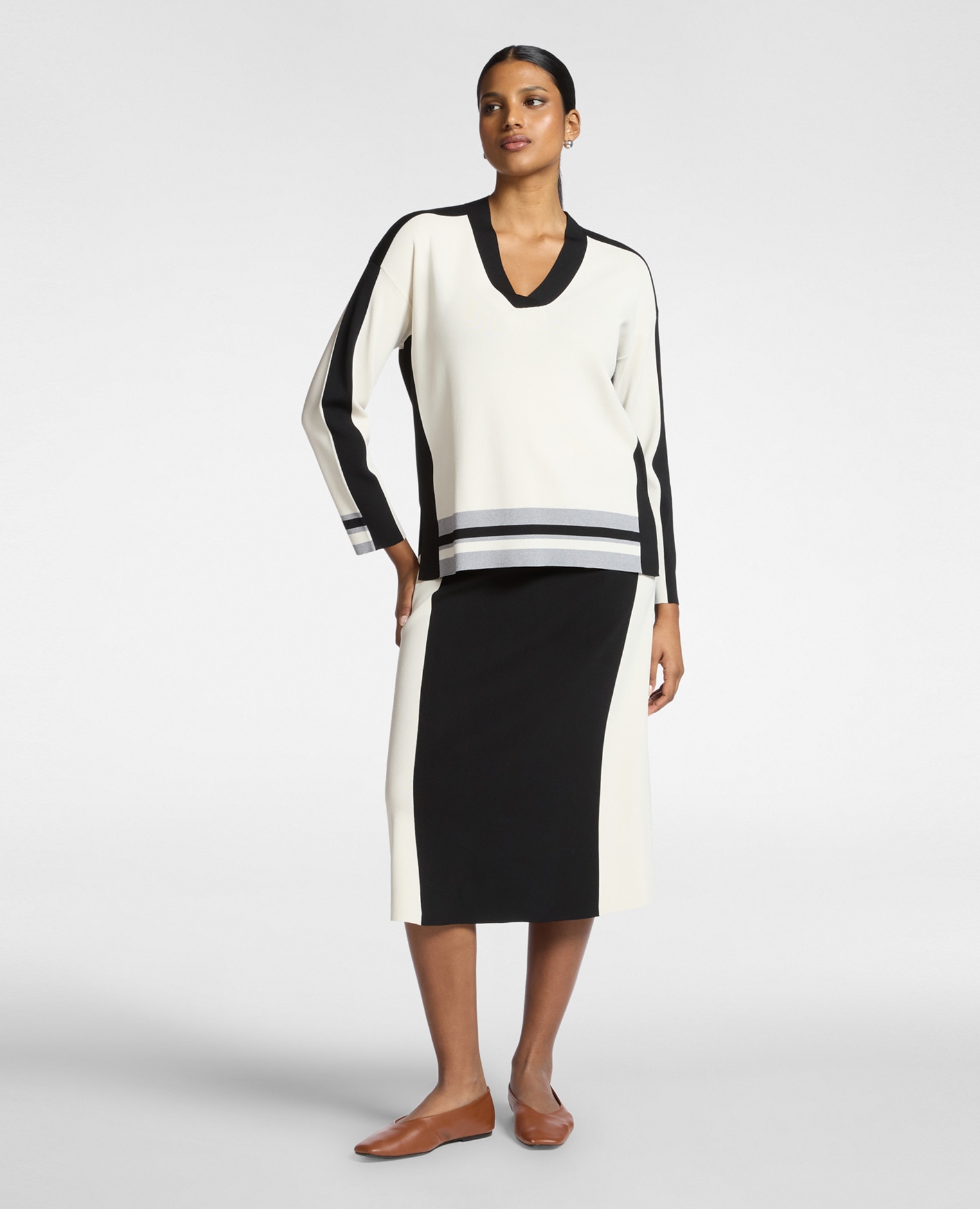 Jersey de mujer color block de viscosa mixta ajuste regular con longitud media - Elena Miró - Blanco Blanco-3