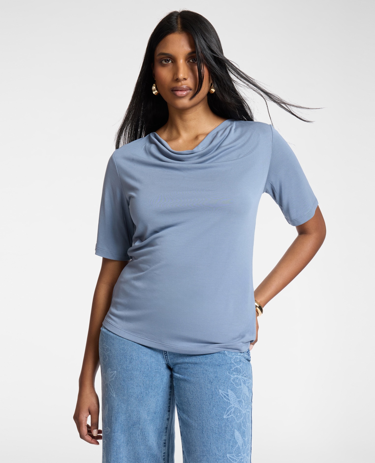 Elena Miró - Camiseta de mujer con escote drapeado ajuste regular con mangas cortas.