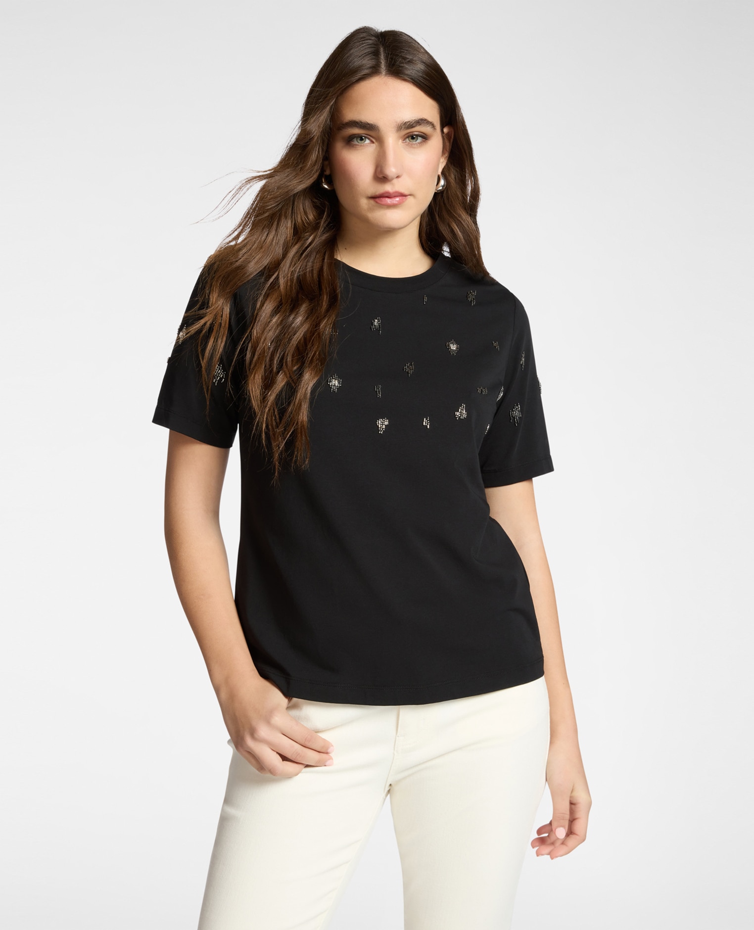 Camiseta de mujer de algodón con bordado ajuste regular y mangas cortas - Elena Miró - Negro Negro-1