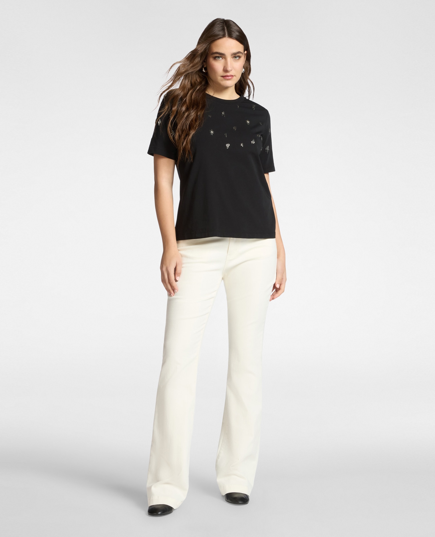 Camiseta de mujer de algodón con bordado ajuste regular y mangas cortas - Elena Miró - Negro Negro-3
