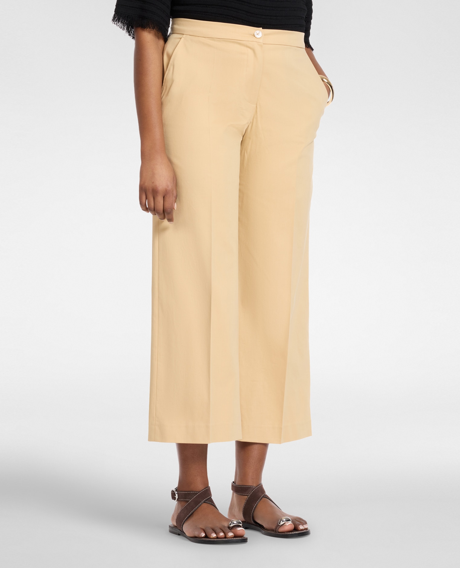 Pantalones de mujer cropped de gabardina cierre con botón y cremallera - Elena Miró - Beige Beige-3