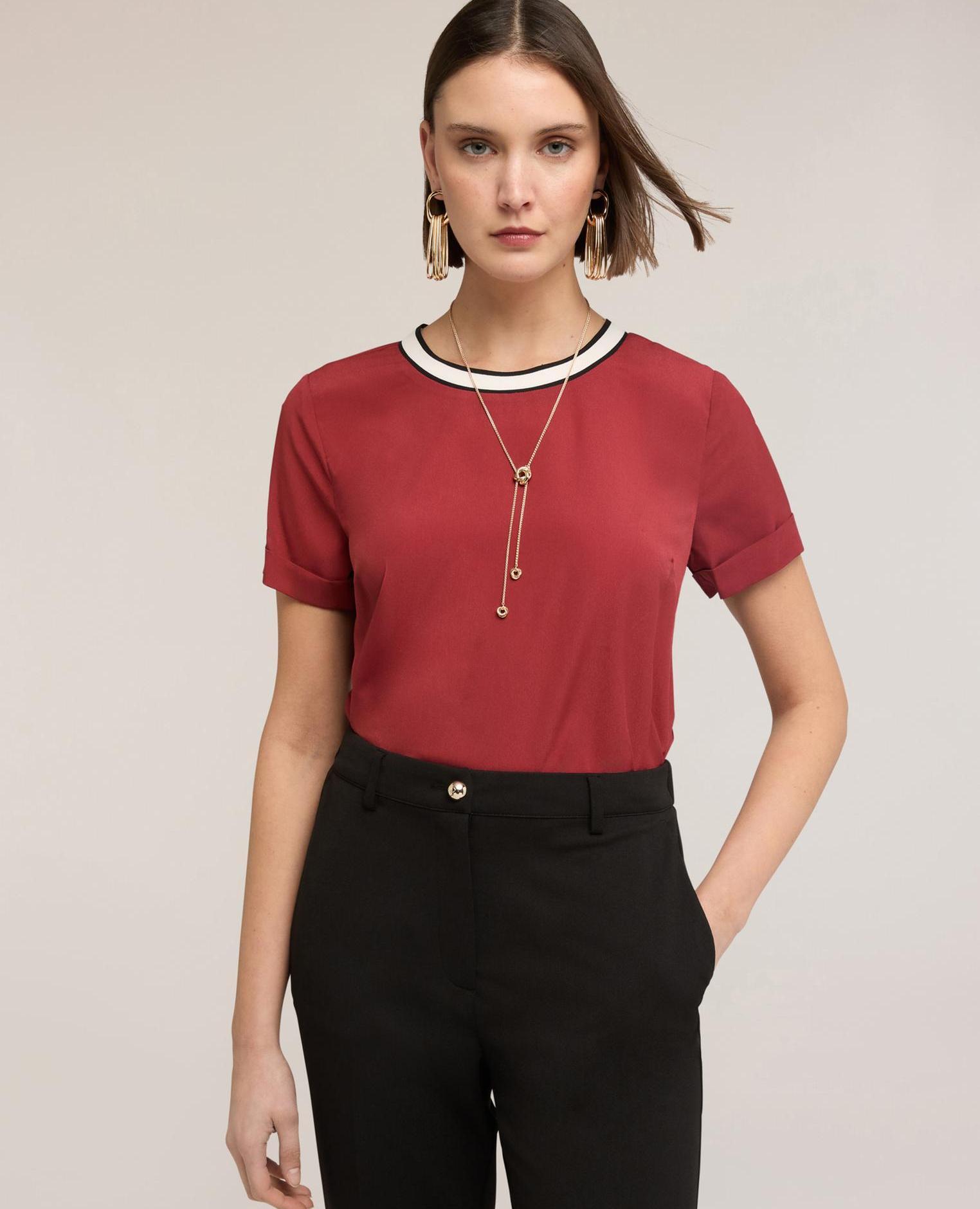 Blusa de mujer con borde de punto escote redondo con ribete de punto - Motivi - Burdeos Burdeos-1
